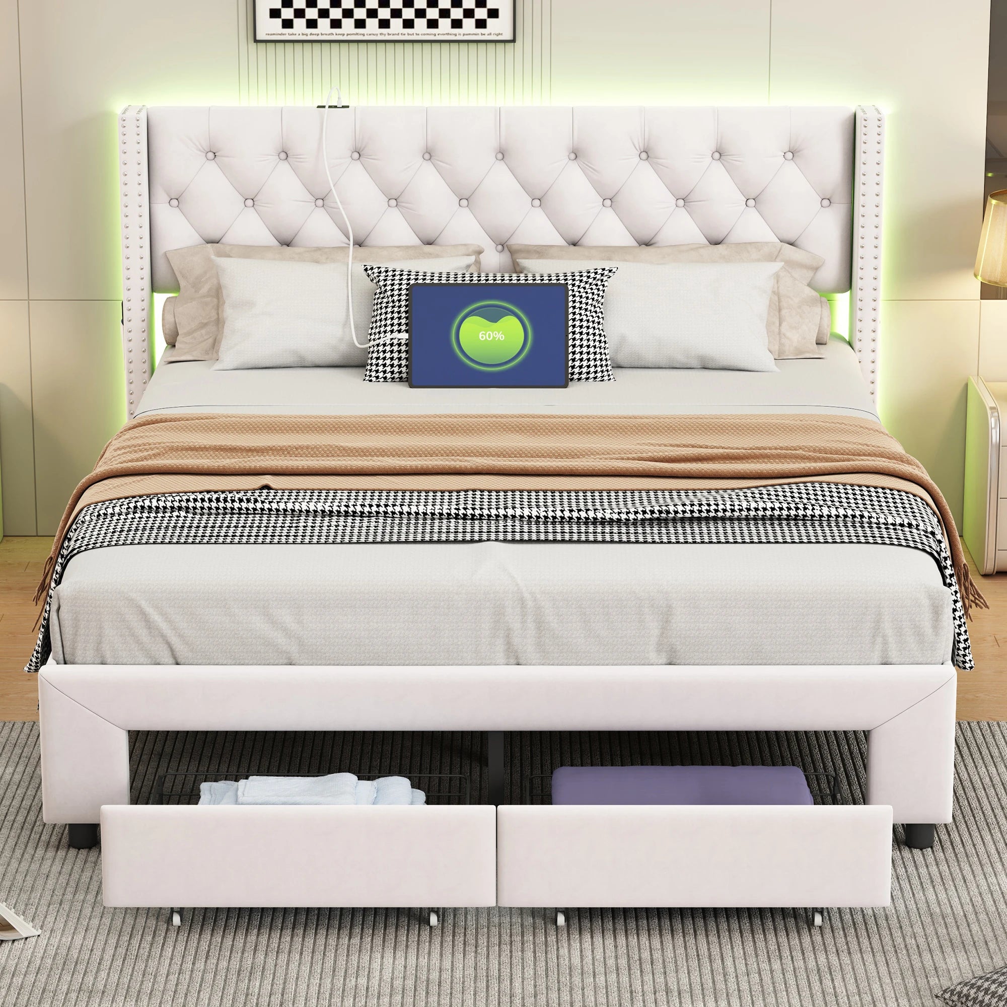 Fluwelen tweepersoonsbed met LED-verlichting, USB-poort en opberglades