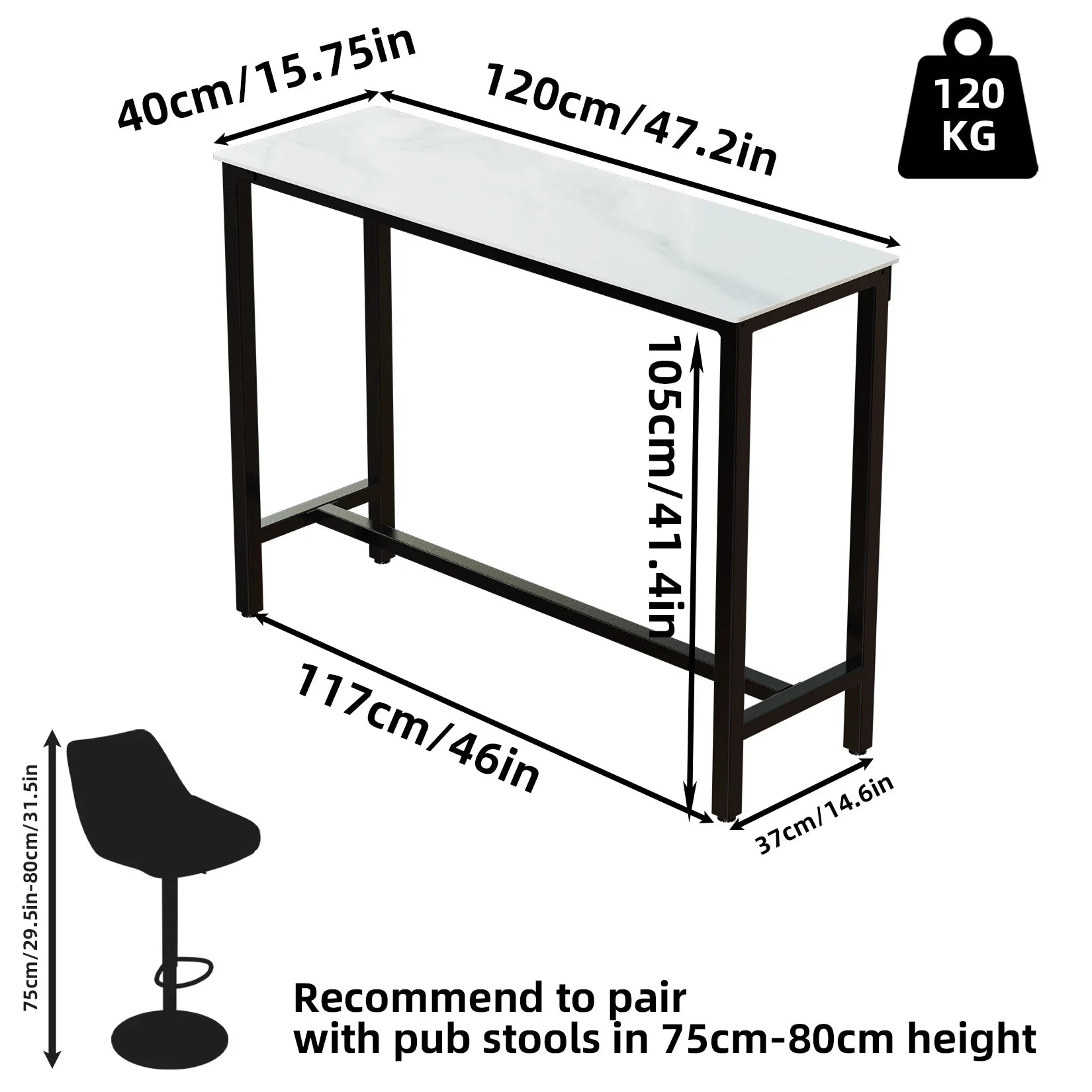 Sintersteen Bartafel Wit – Luxe Counterhoogte Bartafel met Stalen Frame (105 cm)