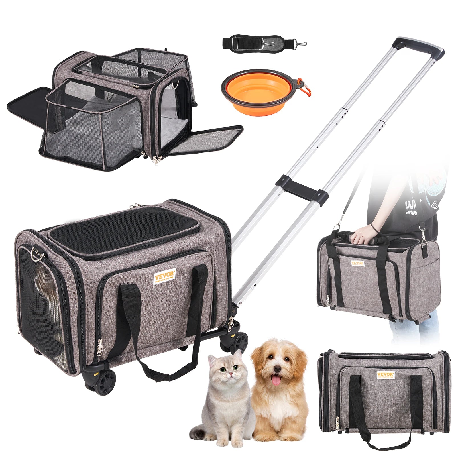 Opvouwbare Reismand voor Kat & Hond met Wieltjes – Comfortabele Trolley Draagtas tot 15,8 kg