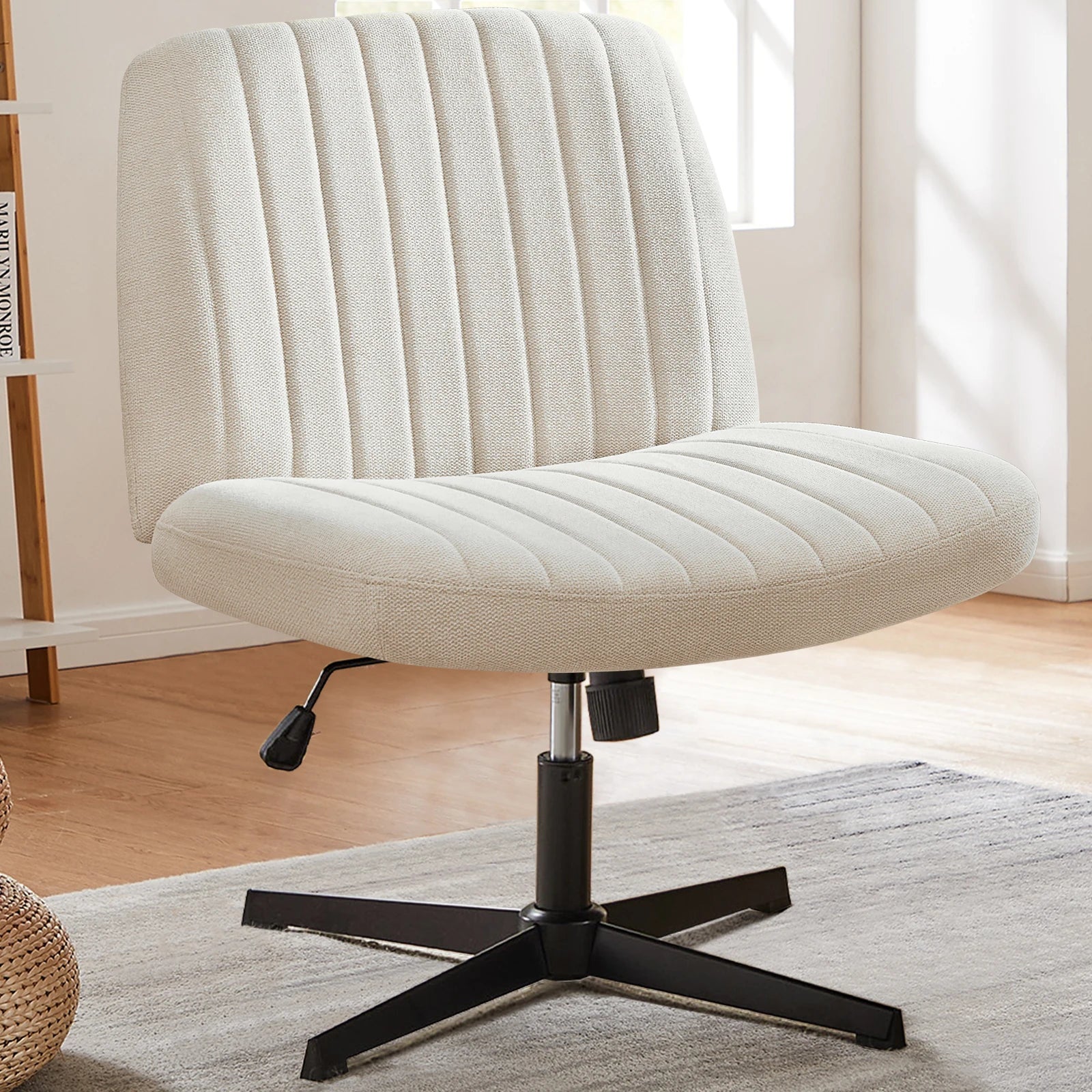 Brede verstelbare armloze draaistoel voor kantoor, woonkamer, gaming & bureau – comfortabele stof – 360° swivel
