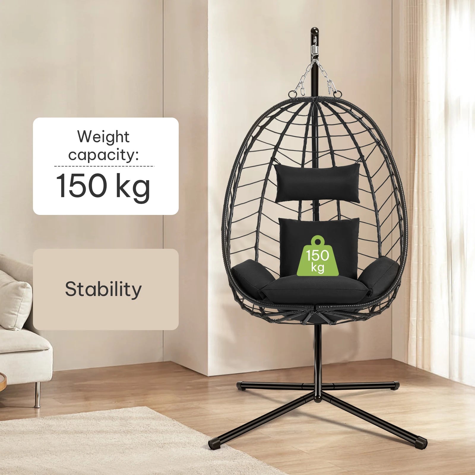 Egg Chair Hangstoel met Standaard – Schommelstoel voor Tuin, Balkon & Woonkamer – Inclusief Kussen en Hoofdsteun – Belastbaar tot 150 kg