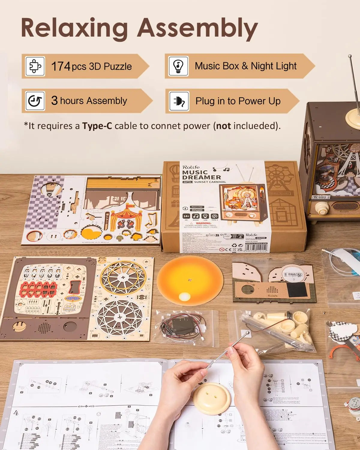3D Houten Muziekdoos Reuzenrad met Licht – Sunset Carnival Nachtlampje en Decoratie – USB Oplaadbaar voor Woonkamer en Slaapkamer