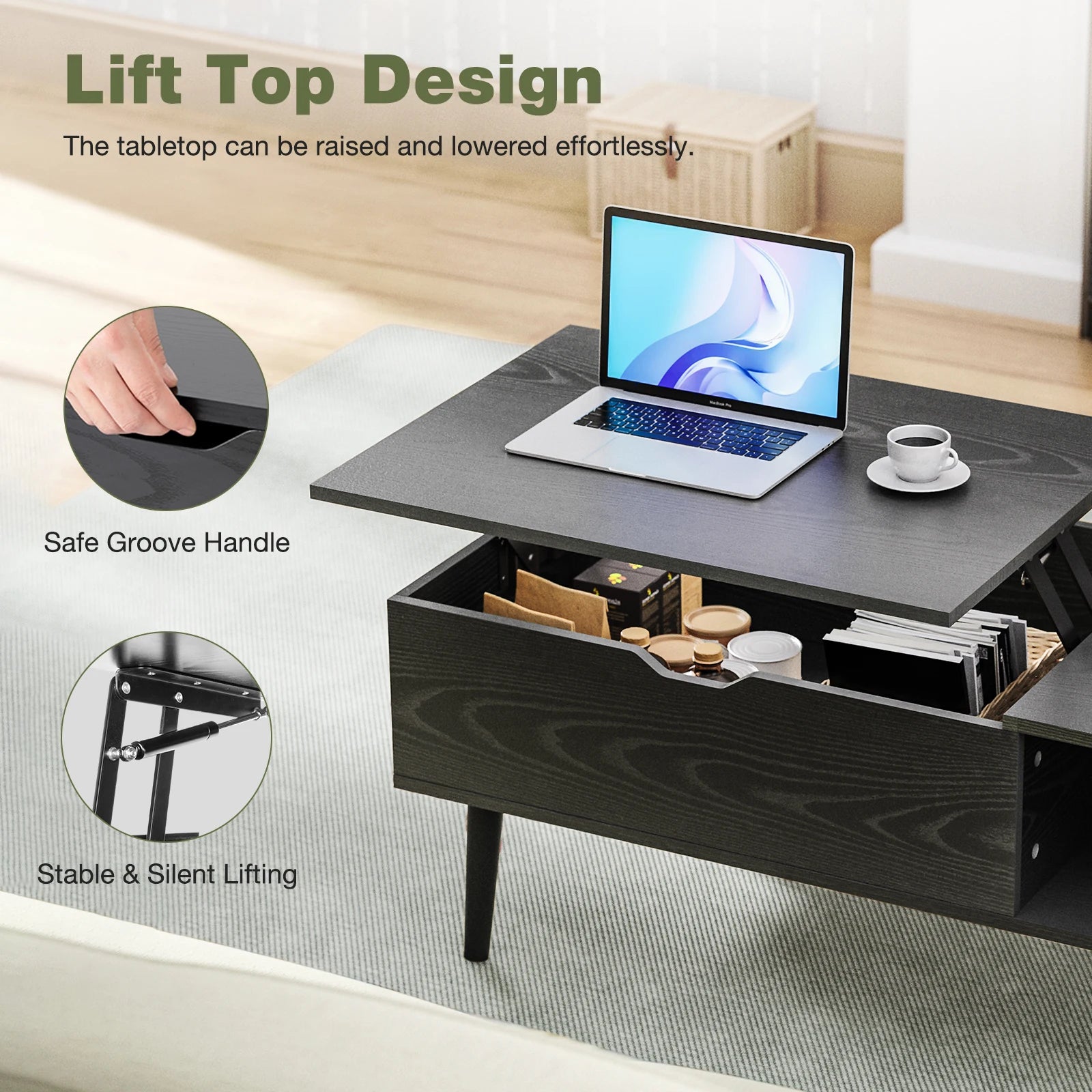 Verstelbare Salontafel met Lift‑Top en Opbergruimte – 100 × 50 cm