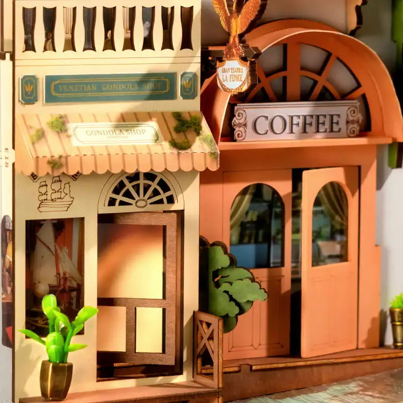 3D Houten Boekhoekje Romantisch Venetië – DIY Book Nook Bouwpakket met LED Verlichting – Decoratieve Boeksteun voor Boekenplank en Interieur