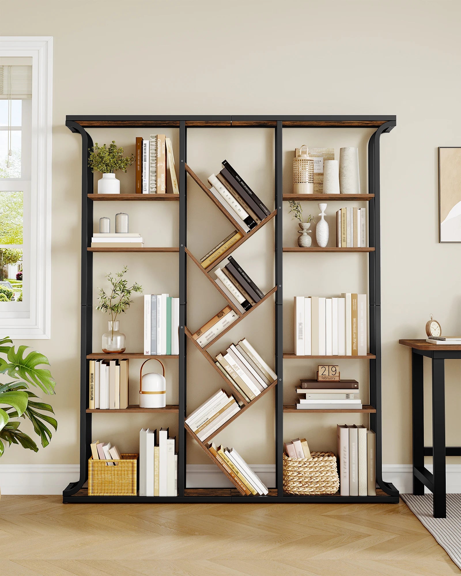Boomvormige Boekenkast 6 Niveaus – Industriële Open Kast met 17 Vakken – Moderne Houten Boekenkast voor Woonkamer en Kantoor