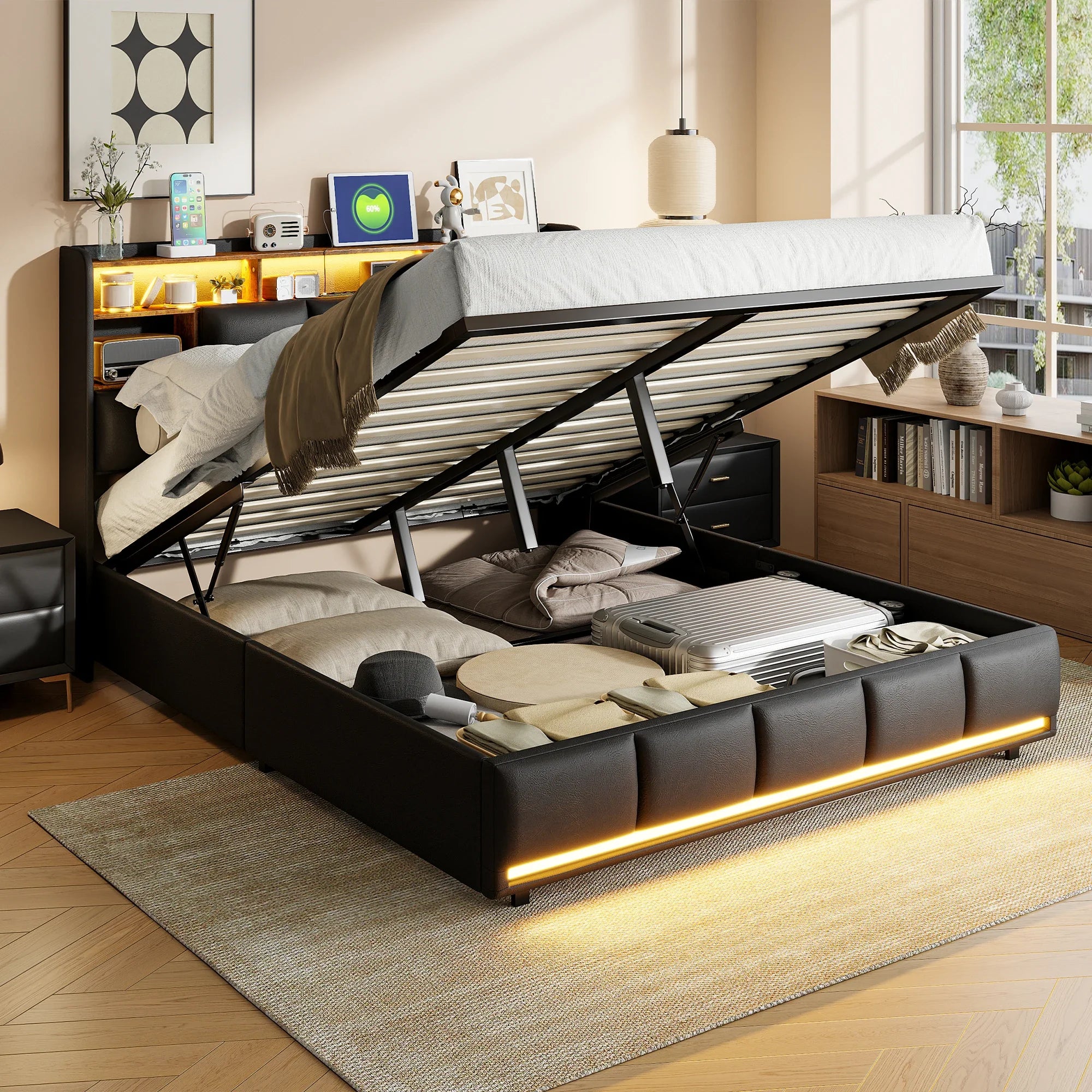 Gestoffeerd Tweepersoonsbed 140x200 cm met LED‑verlichting, USB‑Oplaadpoort en Hydraulische Opbergruimte