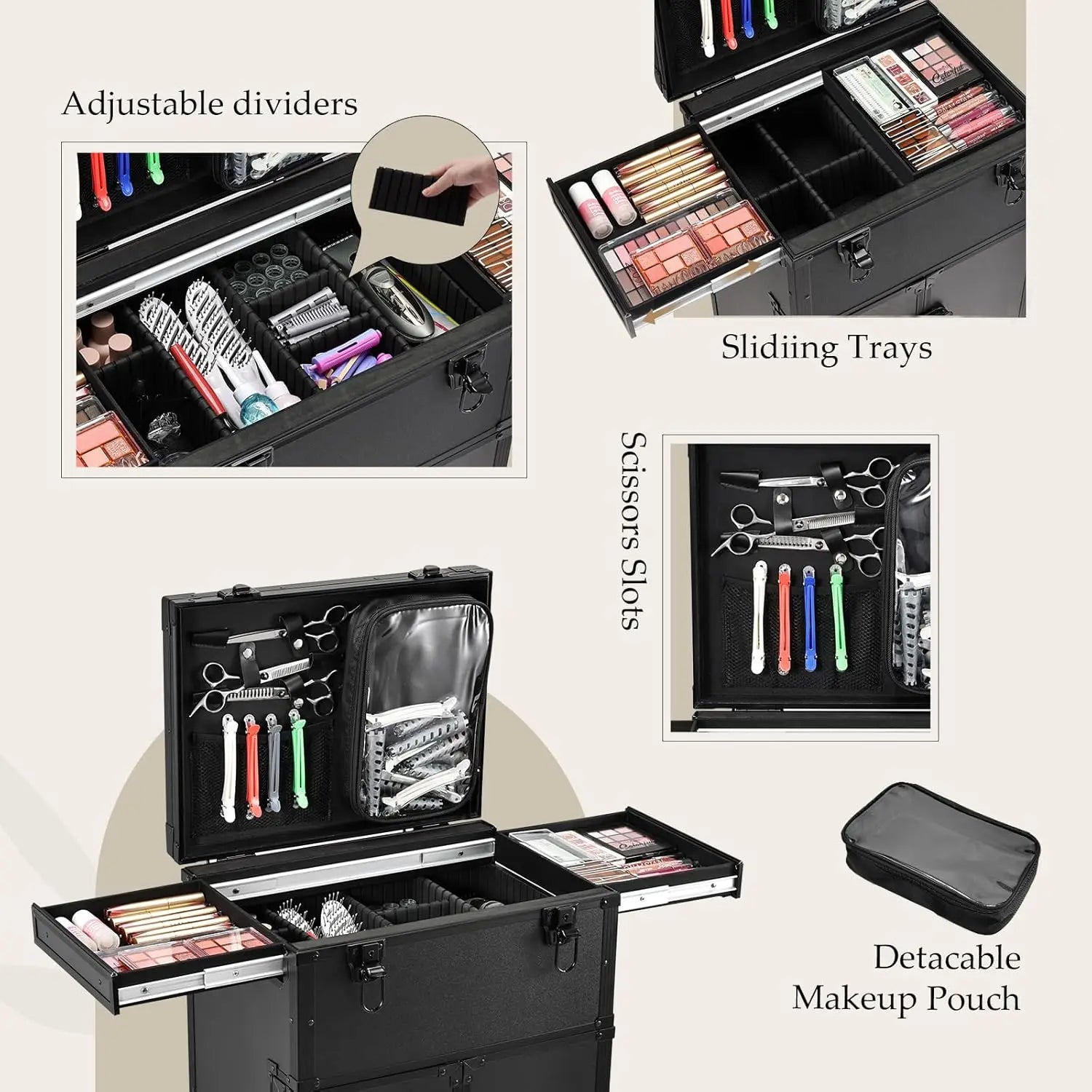 Professionele Make-up Koffer 4 Lades – Reiskoffer voor Cosmetica en Haarstyling – Trolley met Organizers en Waterdichte Behuizing