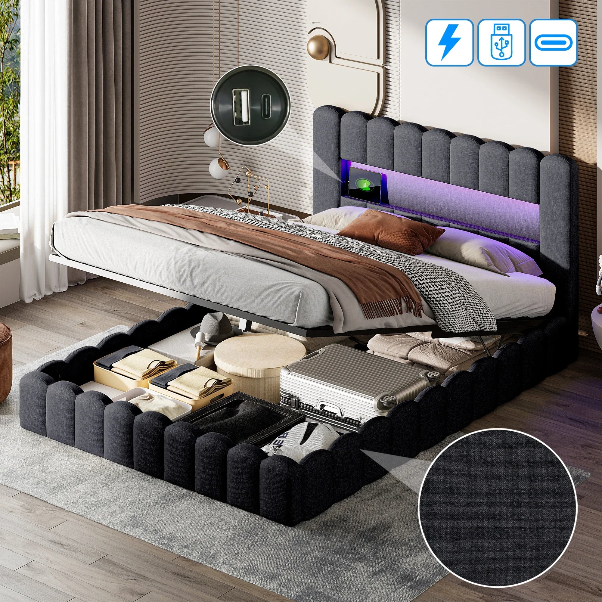 Gestoffeerd Tweepersoonsbed 140–180 cm met LED‑verlichting, USB‑poorten en Opbergruimte – Modern Opbergbed