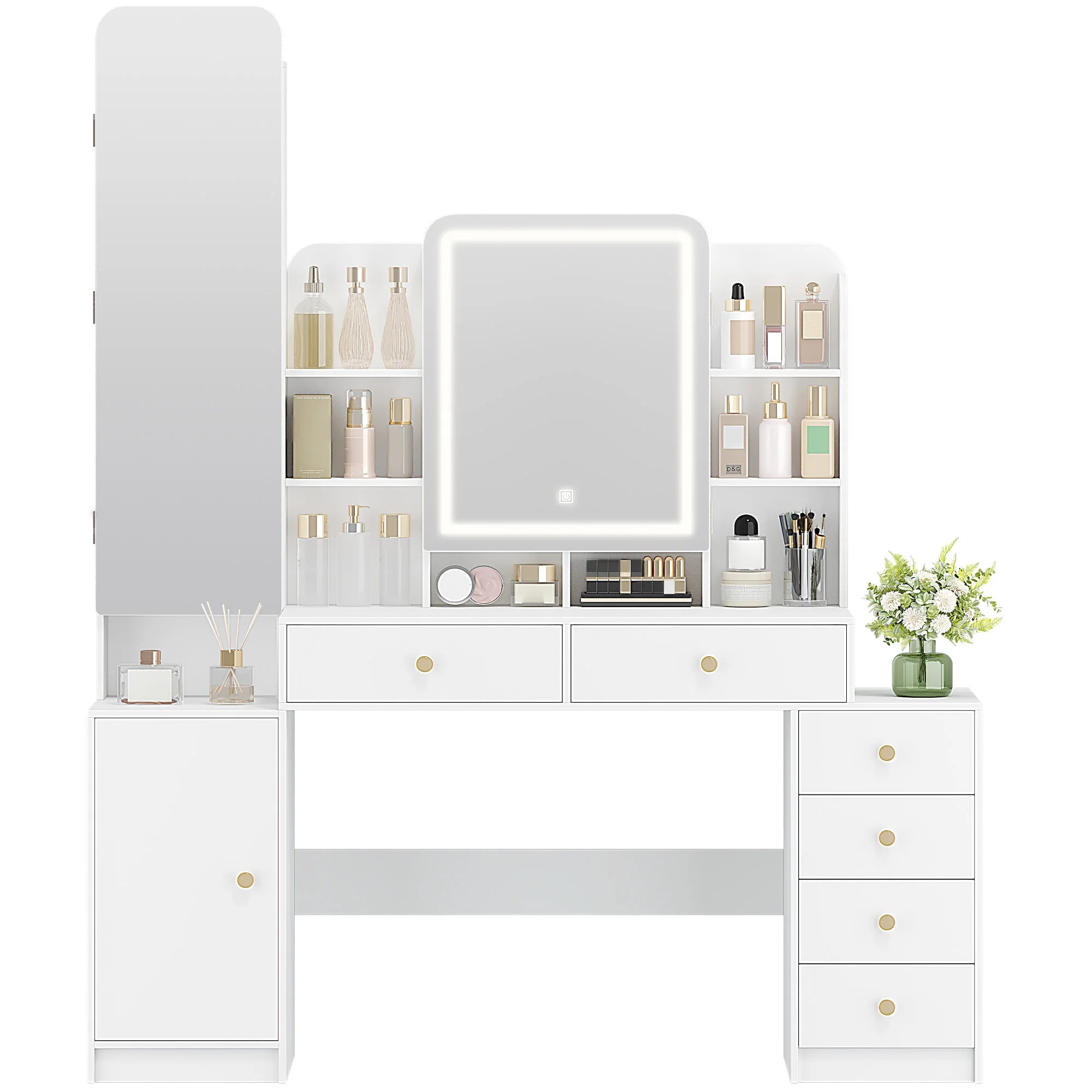 Moderne Make‑up Tafel met LED‑Verlichting, Spiegel & Veel Opbergruimte – 8 Open Vakken, 6 Laden, Sieradenvak – Witte Kaptafel voor Slaapkamer