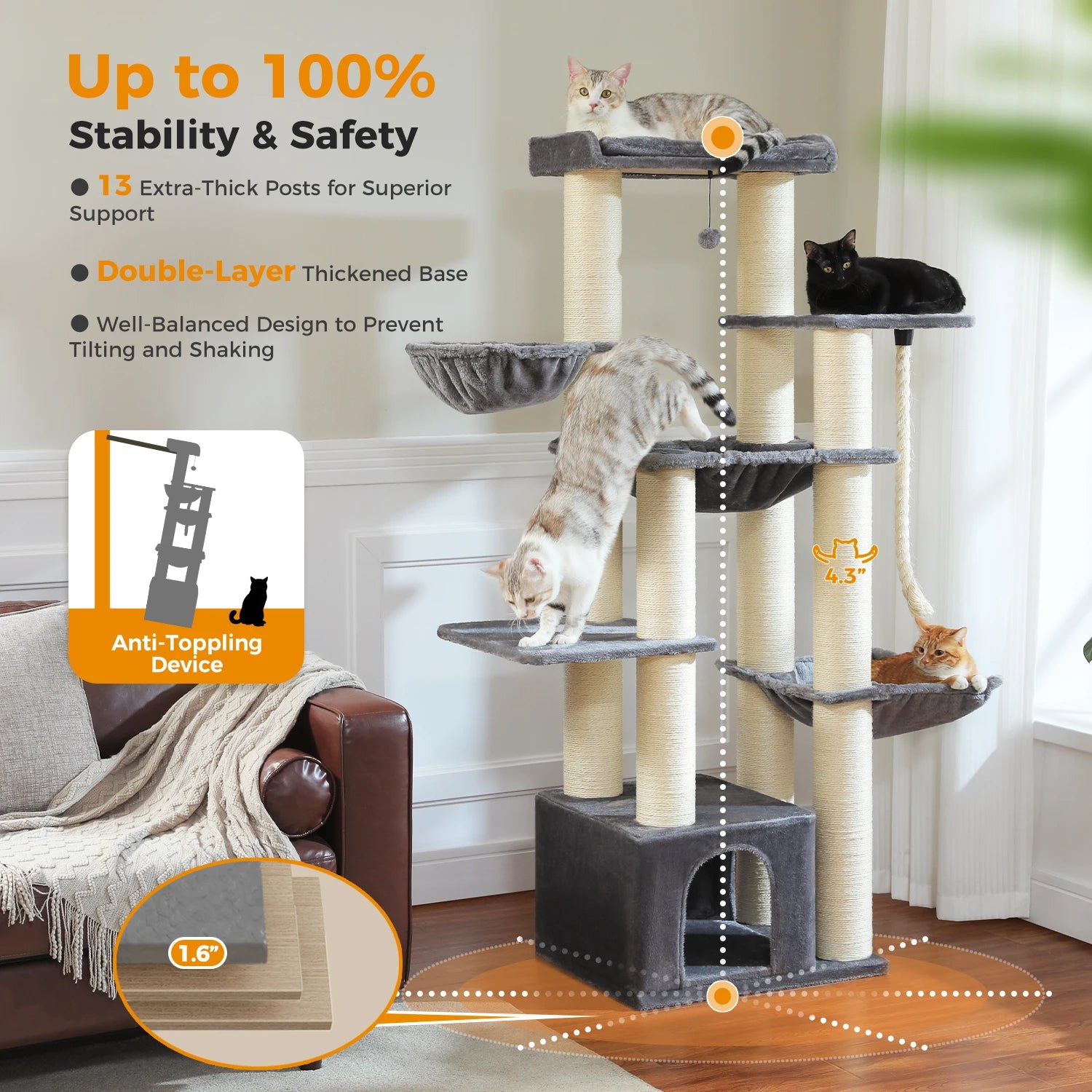 Grote Kattenboom voor Grote Katten – Robuuste Krabpaal met 11 Sisal Palen, Hangmatten en Kattenhuis