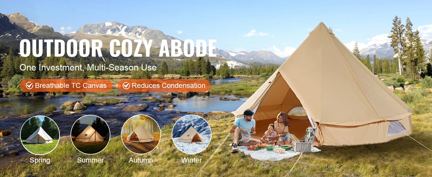 Canvas Bell Tent 5m – 4 Seizoenen Yurt Tent voor 8 Personen met Kachelaansluiting & Waterdicht Grondzeil