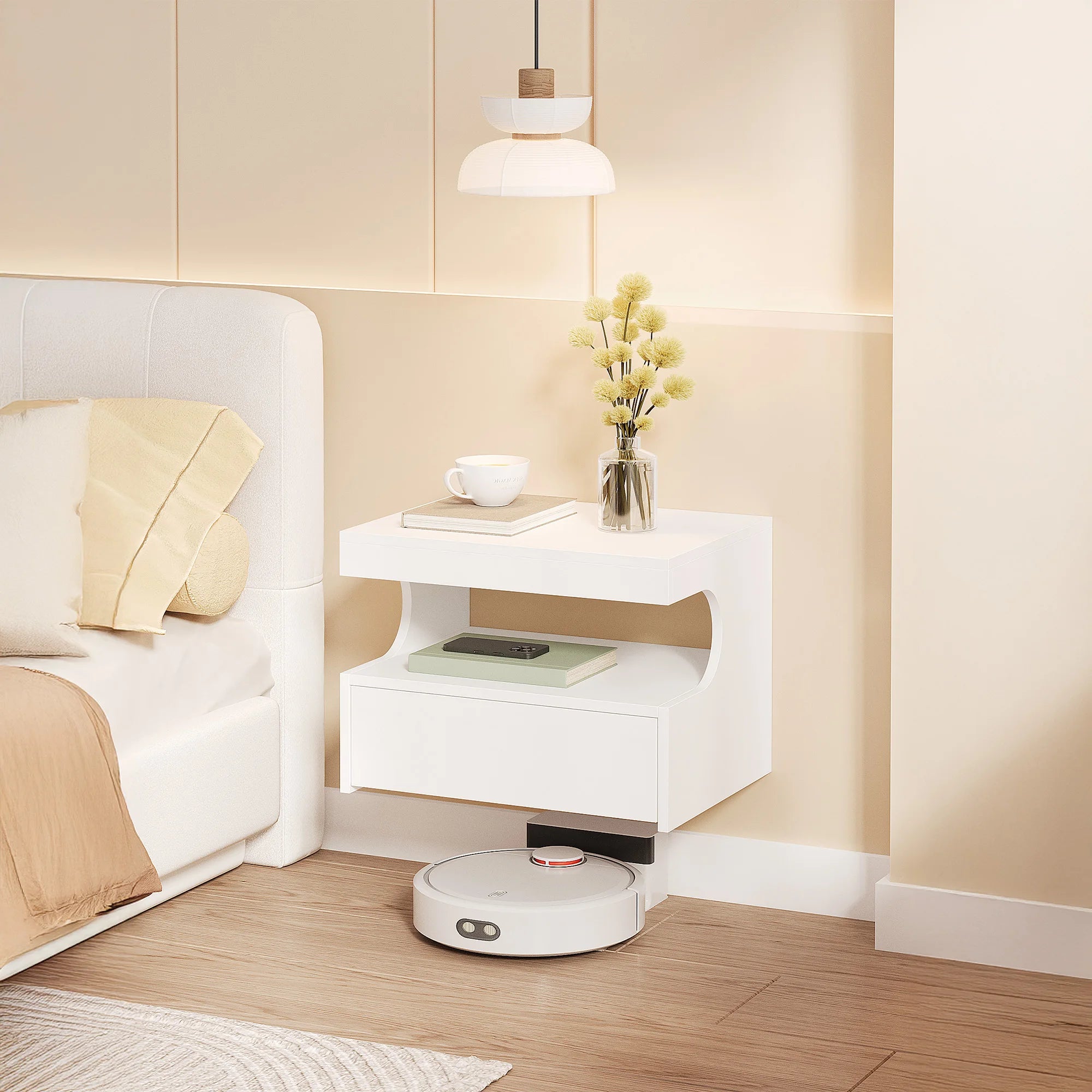 Zwevend Nachtkastje met Lade – Wandplank Bedside Table met Opbergruimte – Modern Minimalistisch Wit Design