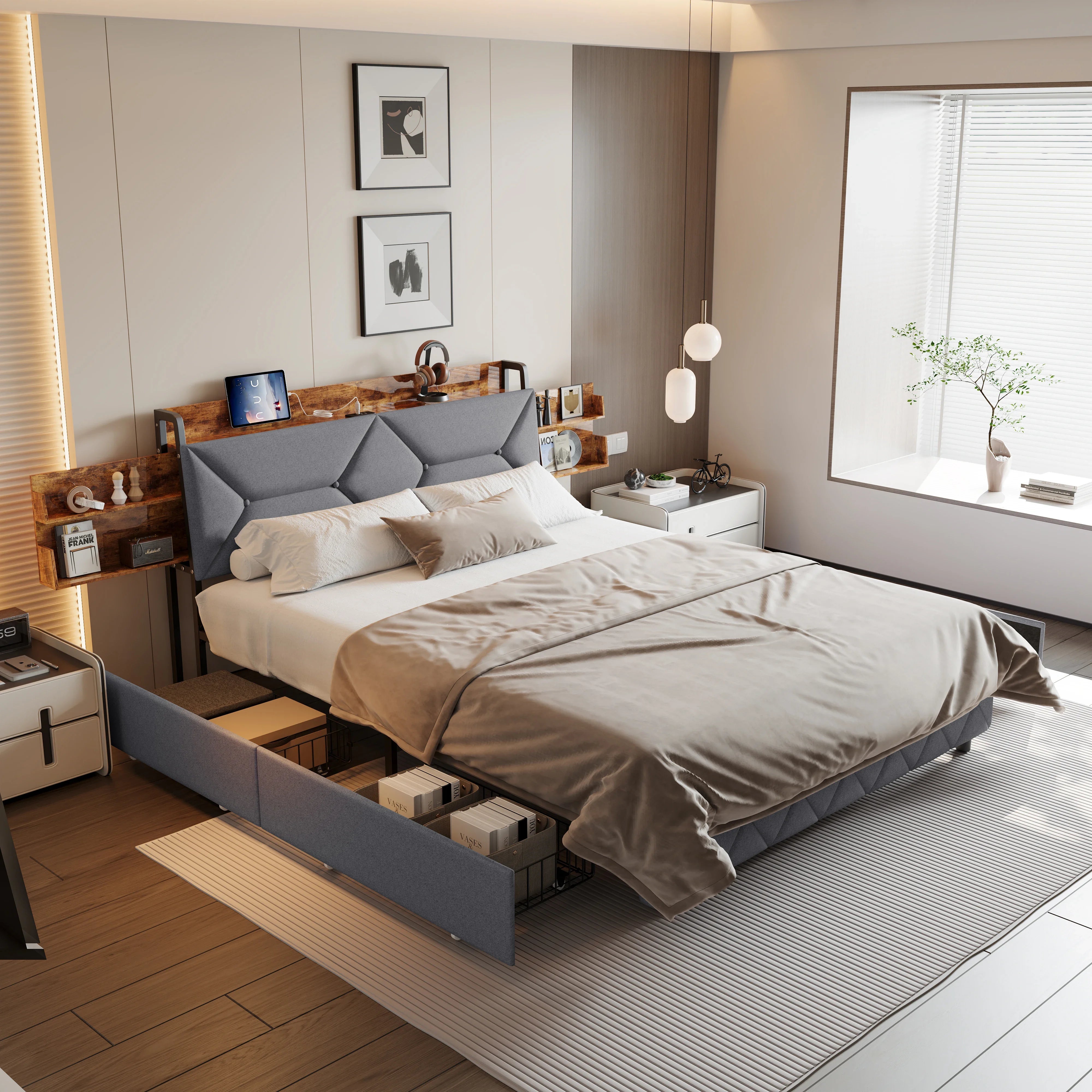 Gestoffeerd tweepersoonsbed met LED‑verlichting, USB‑oplaadfunctie en 4 lades – ideaal voor moderne slaapkamers