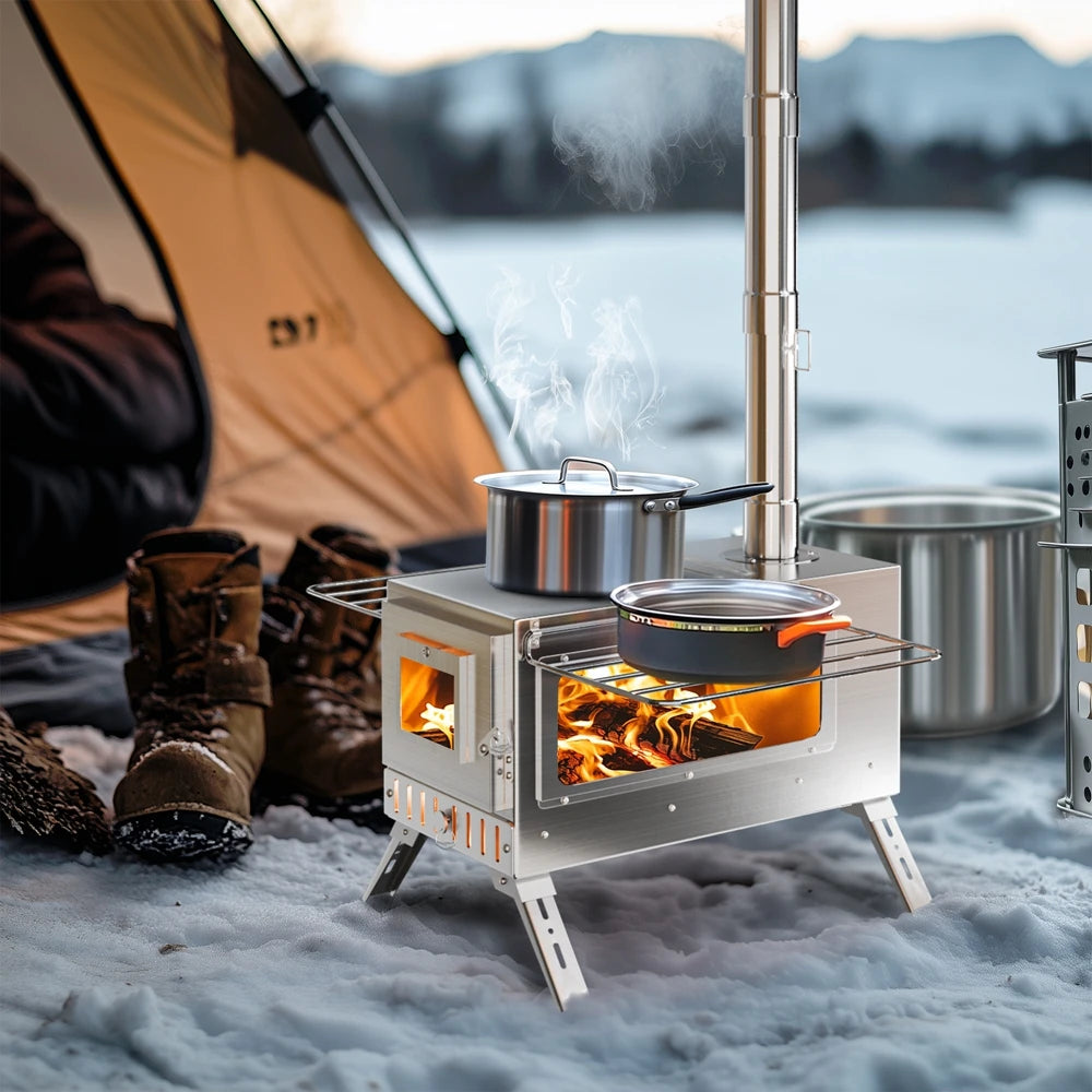 Draagbare RVS Camping Houtkachel met Schoorsteen – Tentkachel voor Kamperen, Backpacken & Outdoor Koken