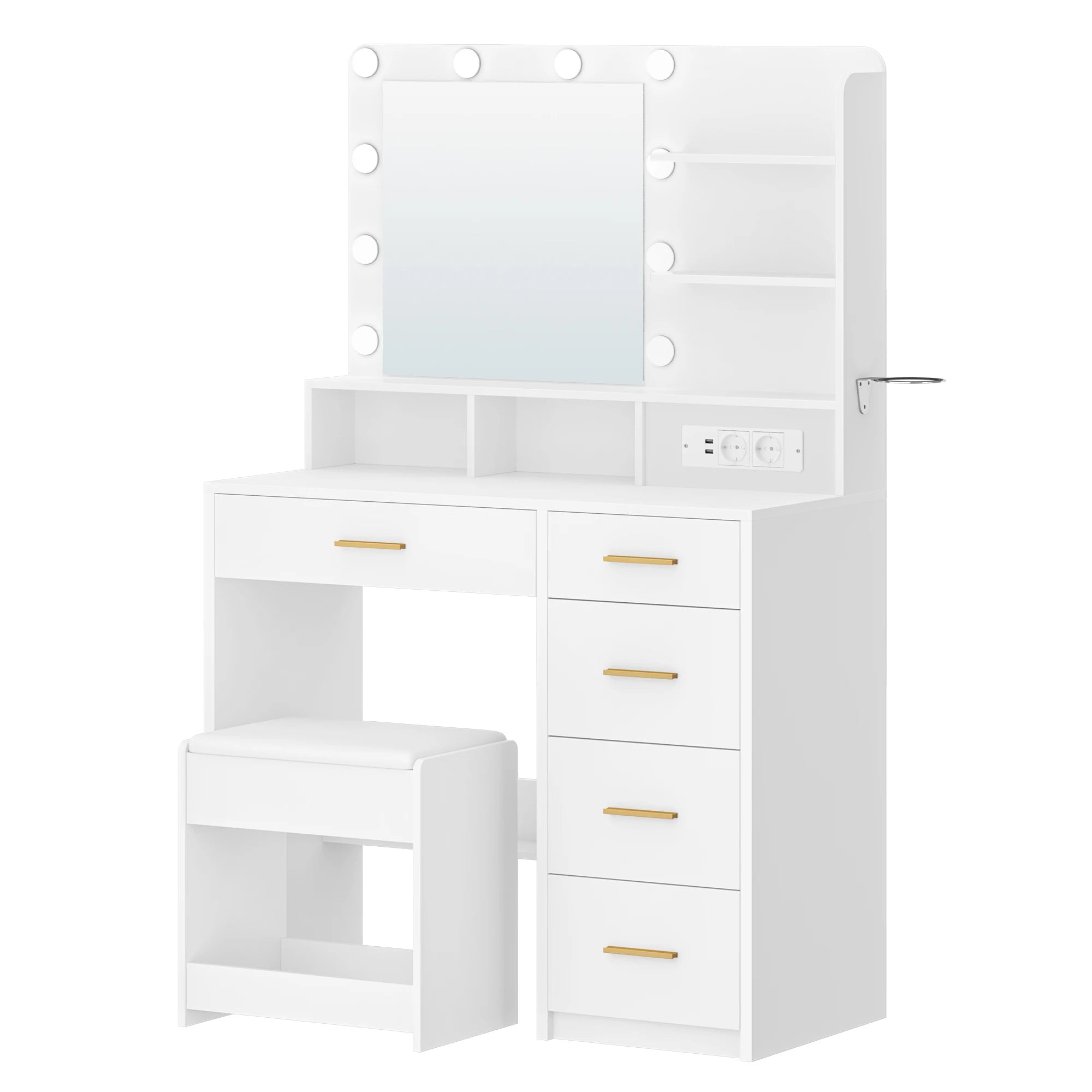 Kaptafel met LED Verlichting en Spiegel – 3 Lichtkleuren, 5 Laden, Stopcontact & USB – Inclusief Kruk – Wit Modern Design