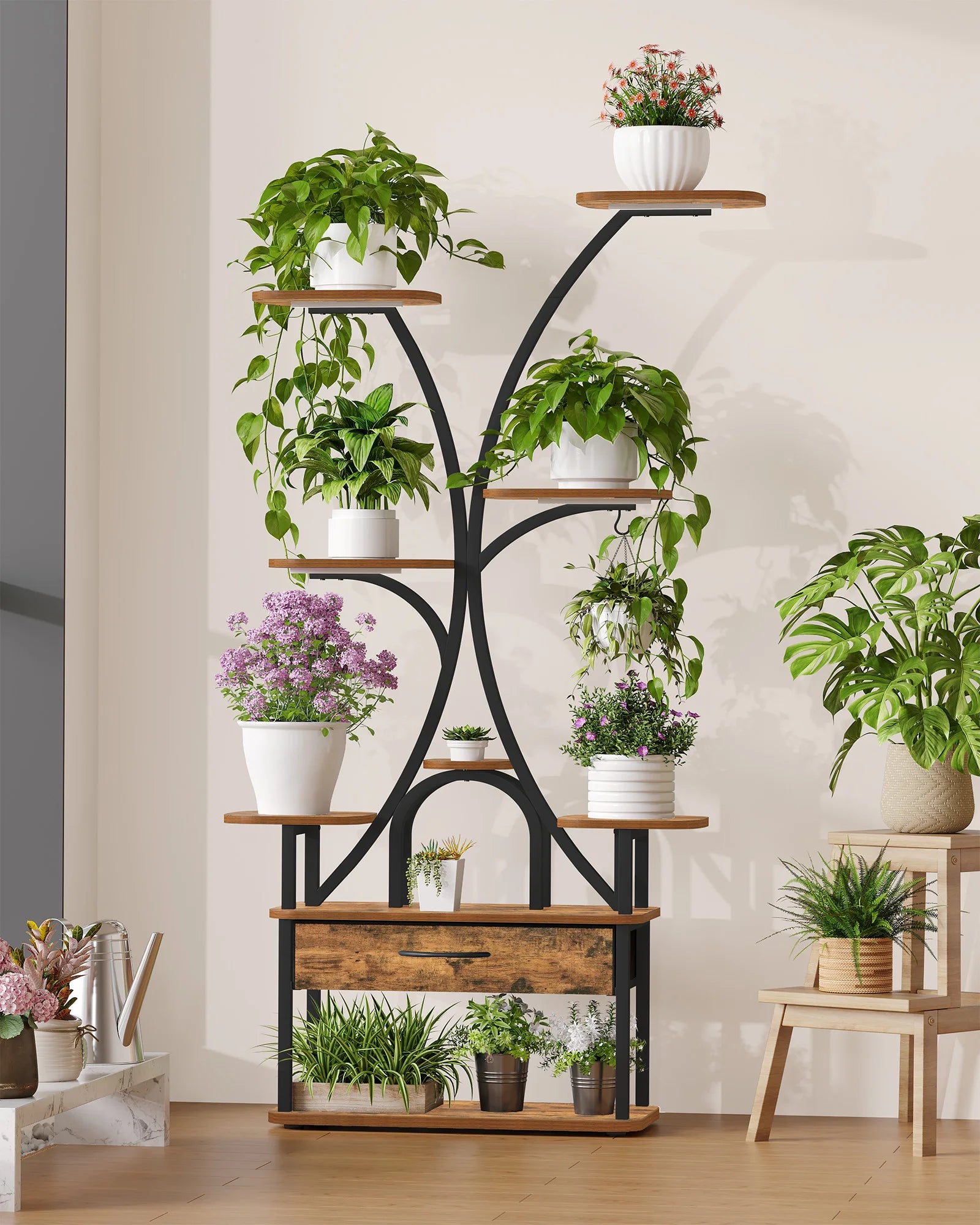 9-Laags Plantenrek met Groeilamp – Verticale Plantenstandaard met LED Verlichting en Timer – Industrieel Bloemenrek voor Binnen & Balkon