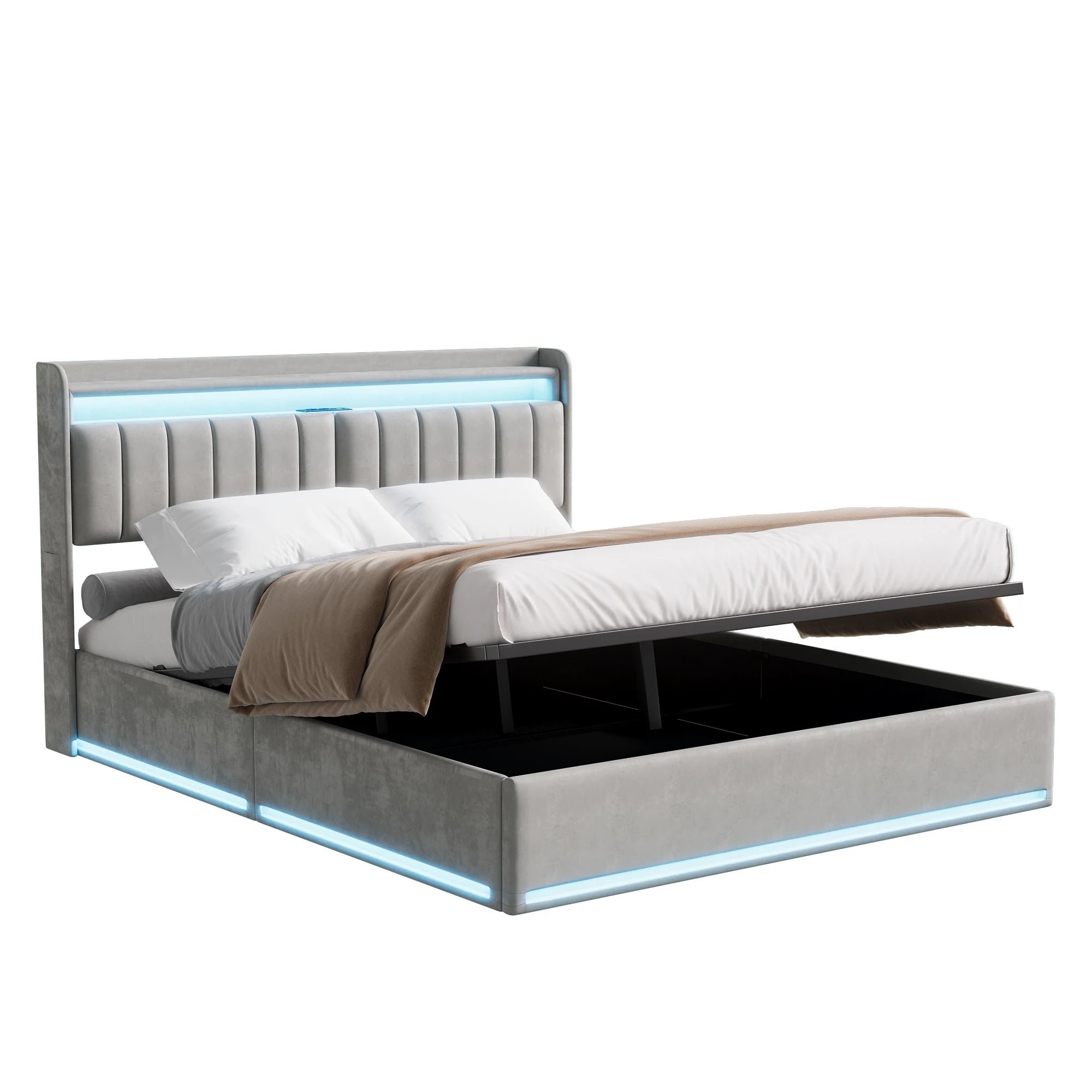 Tweepersoonsbed met geïntegreerde LED‑verlichting, USB‑oplaadfuncties en opbergruimte – Modern en functioneel bedframe