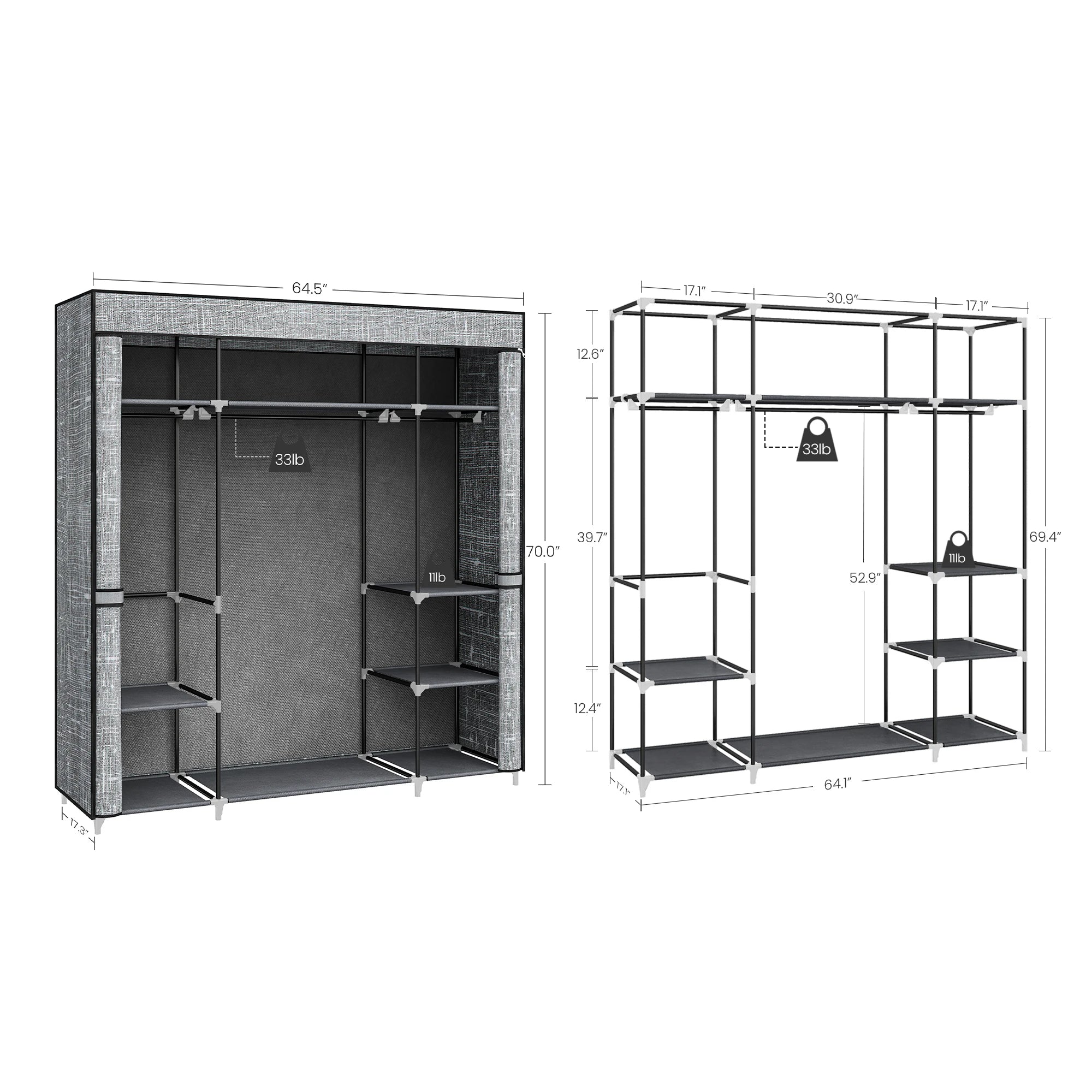 Opvouwbare Kledingkast met Stof – 162x43x175 cm – Draagbare Garderobekast met 3 Hangroedes en 9 Opbergvakken – Zwarte Stoffen Kast voor Slaapkamer