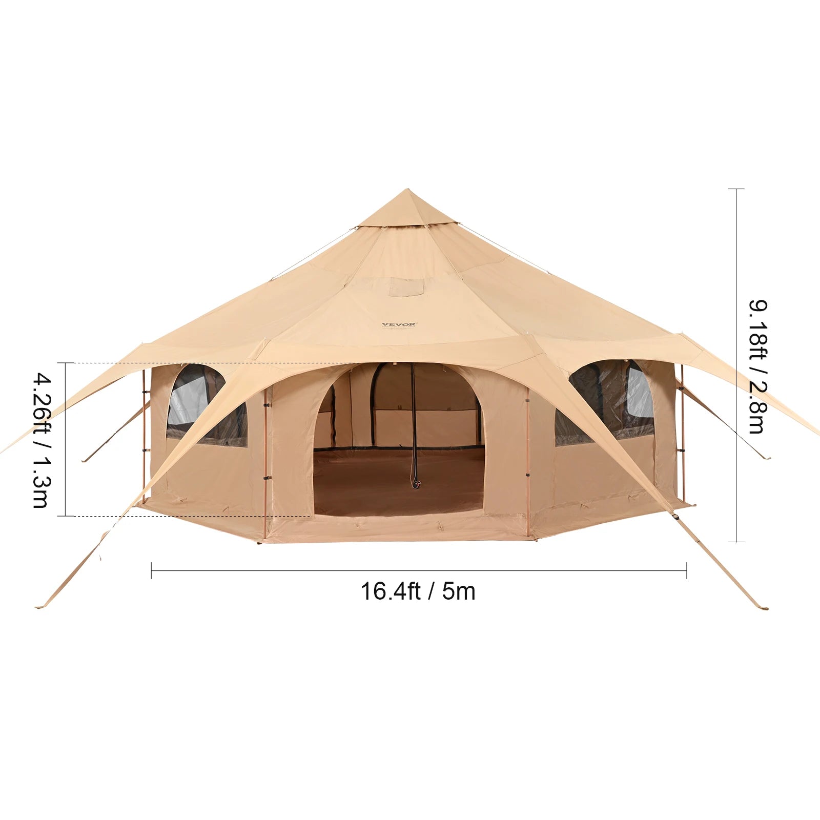 Canvas Bell Tent 5m – 4 Seizoenen Yurt Tent voor 8 Personen met Kachelaansluiting & Waterdicht Grondzeil