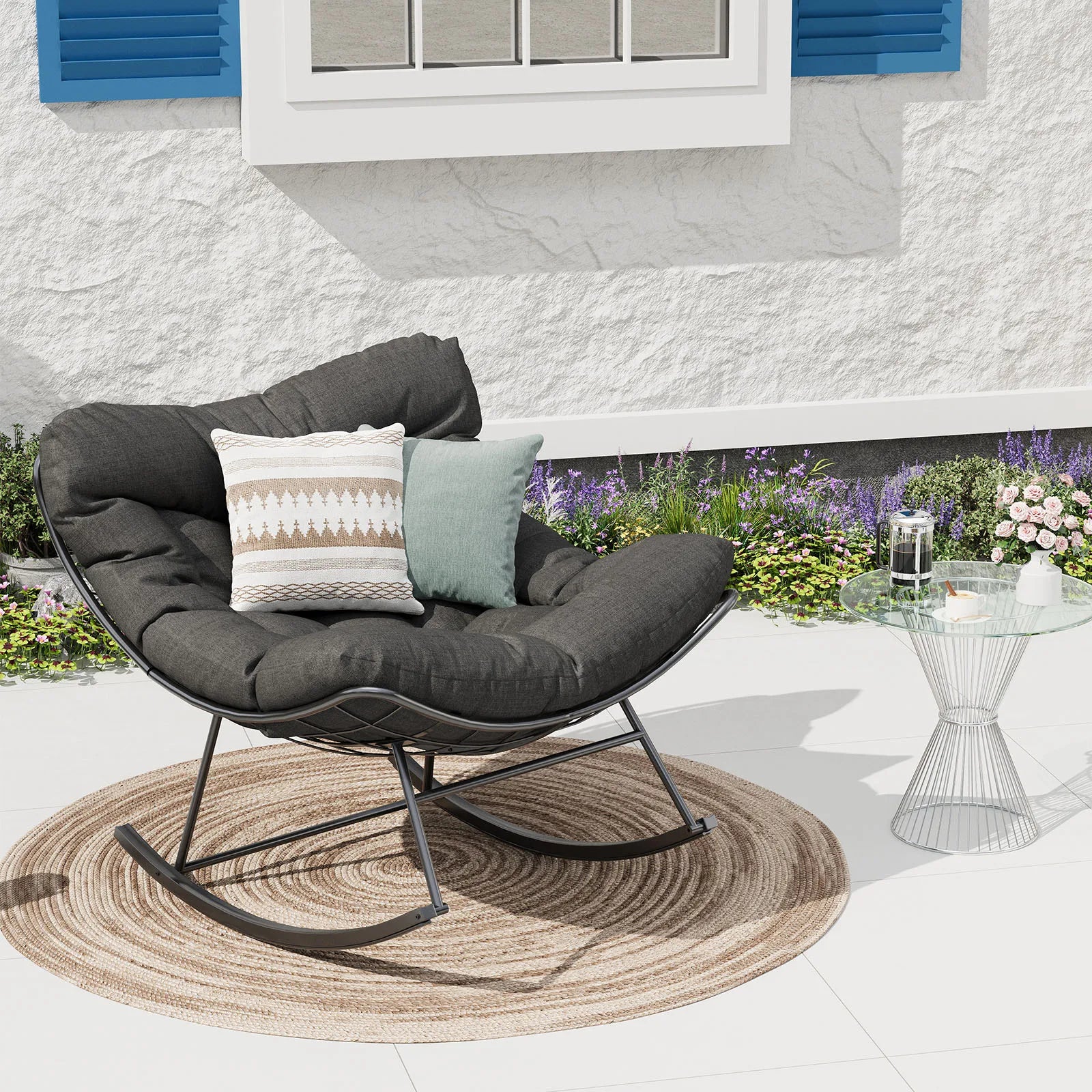 Papasan Schommelstoel voor Buiten met Kussen – Grote Rotan Loungestoel met Metalen Frame voor Tuin, Balkon & Veranda