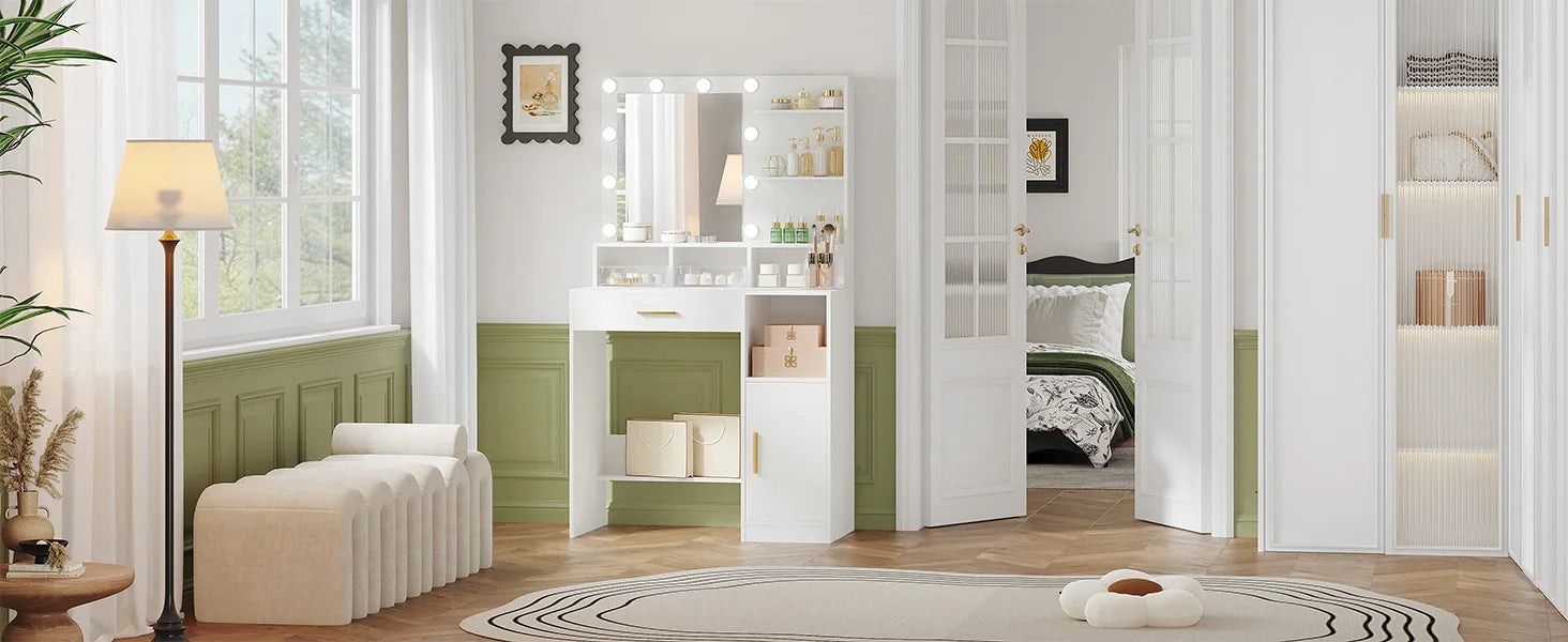 Make-up Tafel met Spiegel en LED Verlichting – Dressing Table met Lade, Planken en Opbergruimte – Modern Minimalistisch