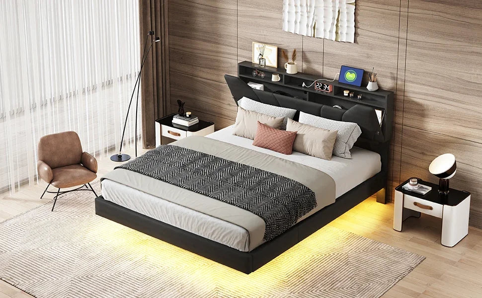 Tweepersoonsbed 140x200 met LED‑verlichting, USB‑poorten en royale opbergruimte
