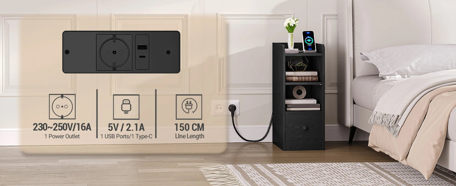 Nachtkastje Set van 2 met Oplaadstation – USB & USB-C – Modern Smal Bijzettafeltje met Lade en Opbergruimte – Zwart
