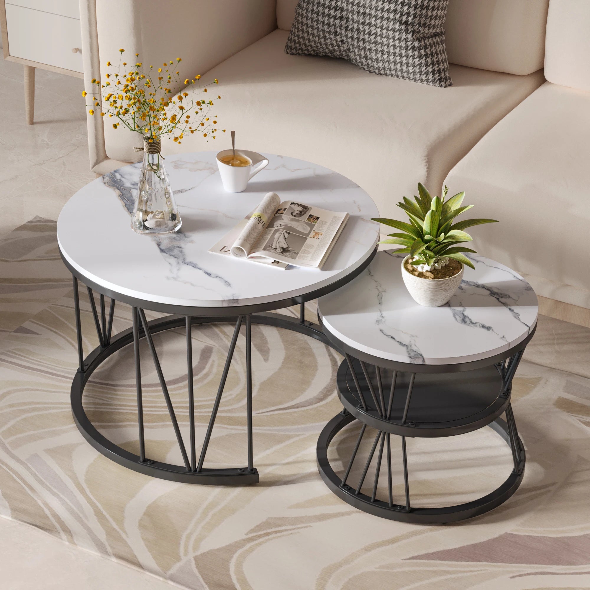 Set van 2 Ronde Marmeren Koffietafels – Goud/Wit – Luxe Salontafel Set