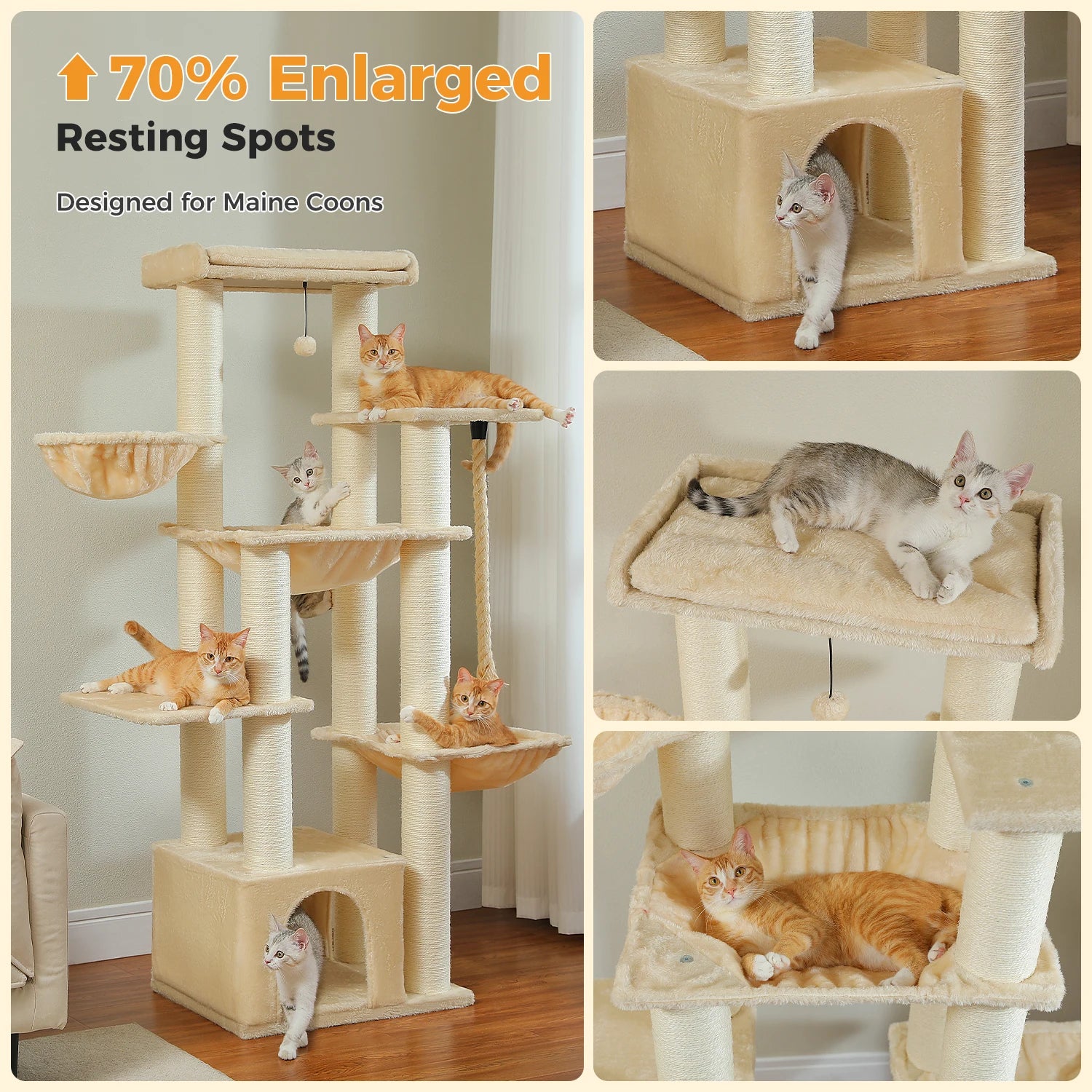 Grote Kattenboom voor Grote Katten – Robuuste Krabpaal met 11 Sisal Palen, Hangmatten en Kattenhuis