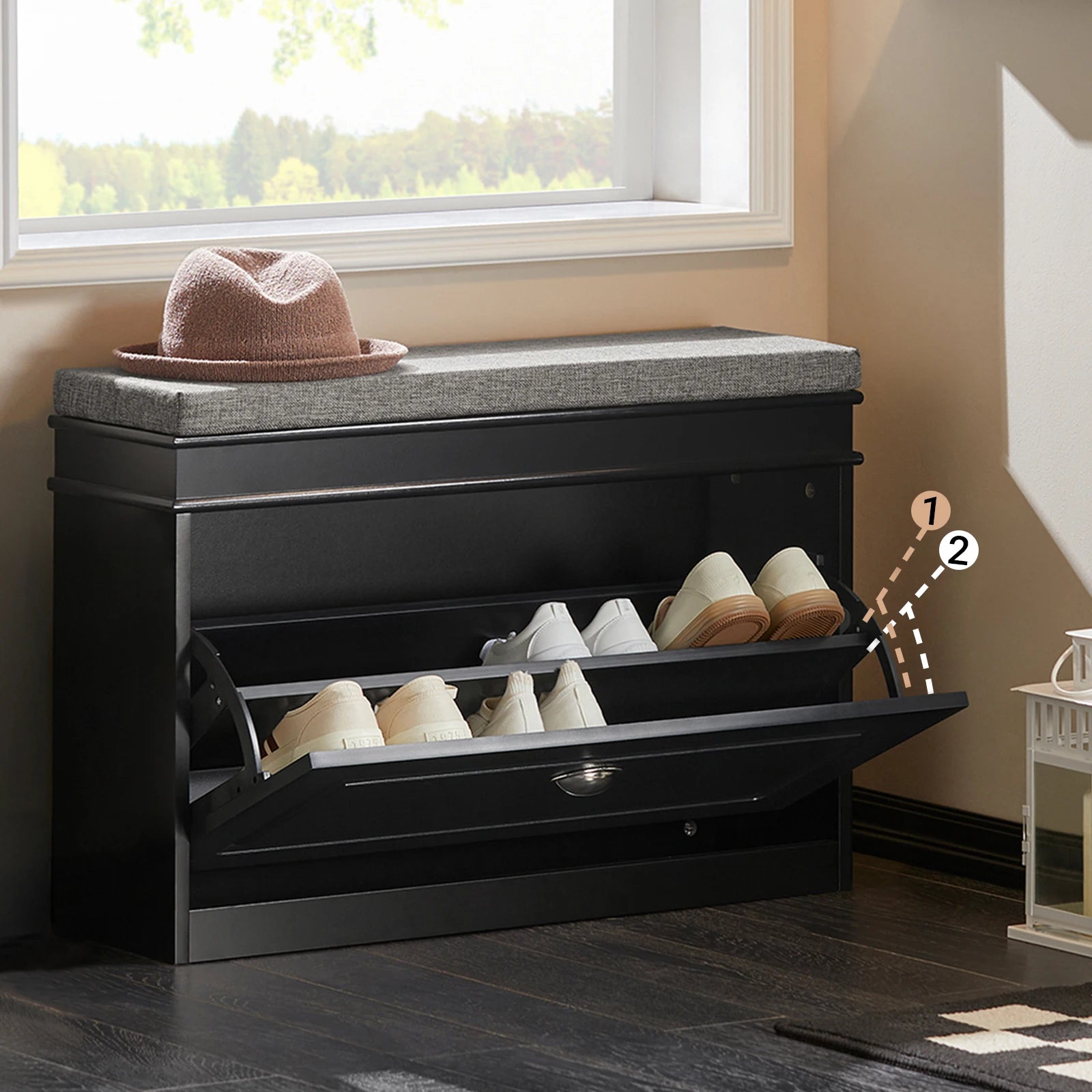 Schoenenbank met opbergruimte en kussen – compact en comfortabel