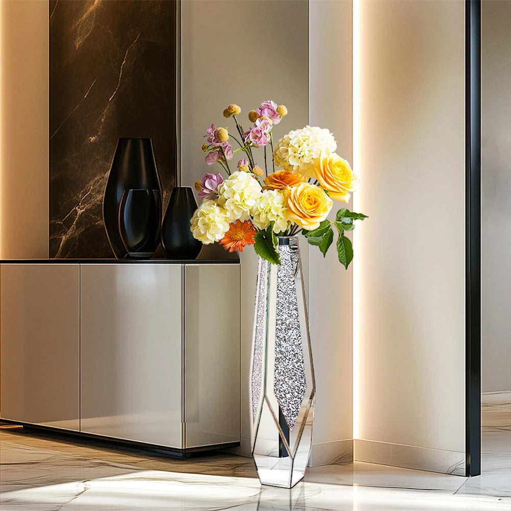 Grote Crushed Diamond Vloervaas – Luxe Spiegel Vaas met Kristal Effect – Moderne Zilveren Bloemenvaas 85 cm