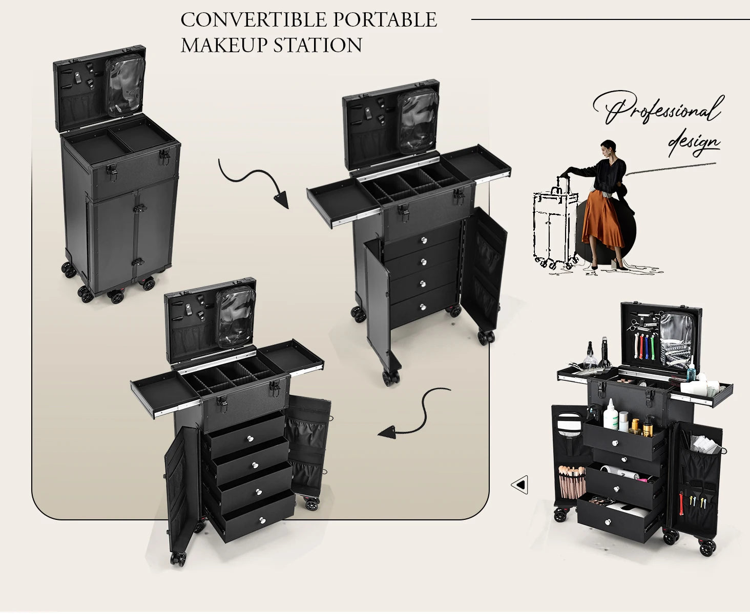 Professionele Make-up Koffer 4 Lades – Reiskoffer voor Cosmetica en Haarstyling – Trolley met Organizers en Waterdichte Behuizing