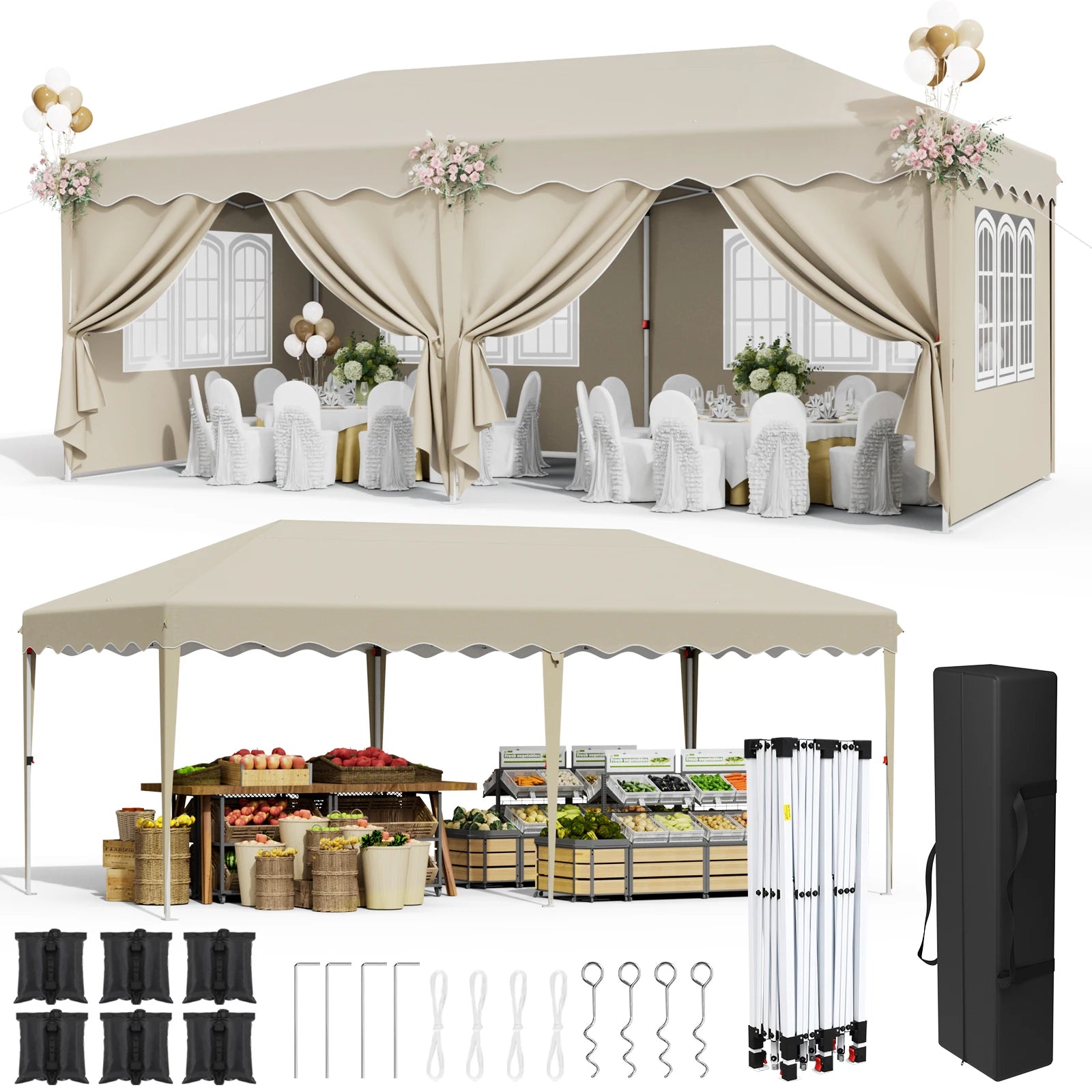 Pop-up Partytent 3x6 m Waterdicht met 6 Zijwanden – Easy Up Feesttent met UV50+ Bescherming voor Tuin & Evenementen