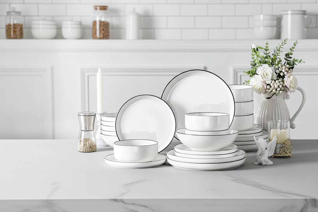 Serviesset 24/48-delig – Porseleinen Borden & Schalen met Zwarte Rand – Luxe Servies Set voor 6/12 Personen