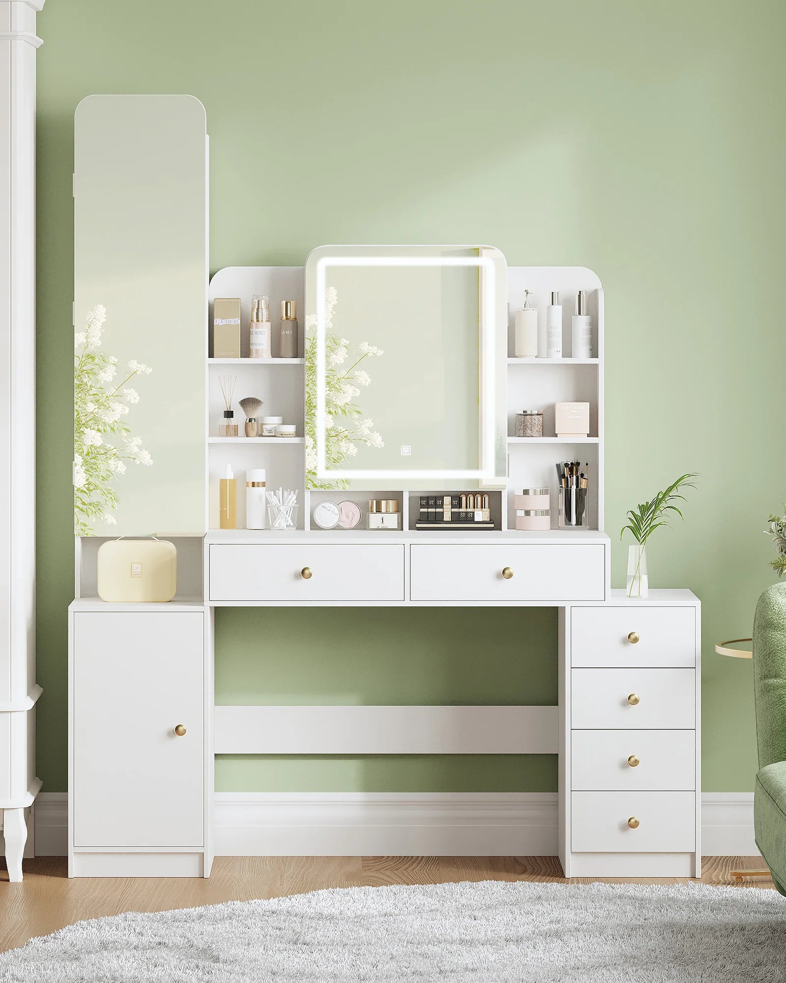 Moderne Make‑up Tafel met LED‑Verlichting, Spiegel & Veel Opbergruimte – 8 Open Vakken, 6 Laden, Sieradenvak – Witte Kaptafel voor Slaapkamer