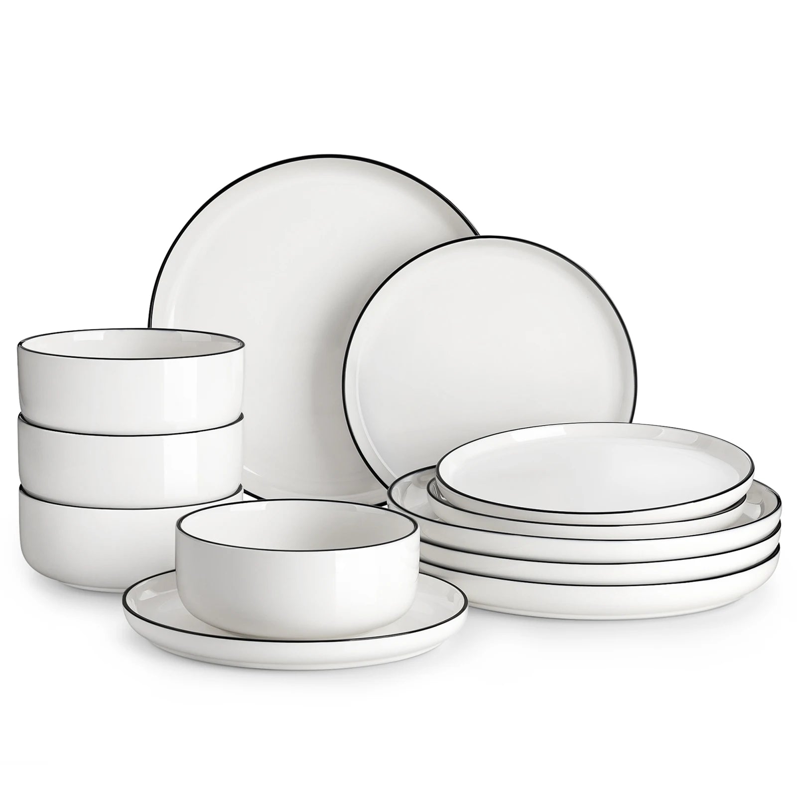 12-delige Serviesset - Wit met zwarte rand – Keramisch Porselein Servies voor 4 Personen – Dinerborden, Dessertborden & Kommen