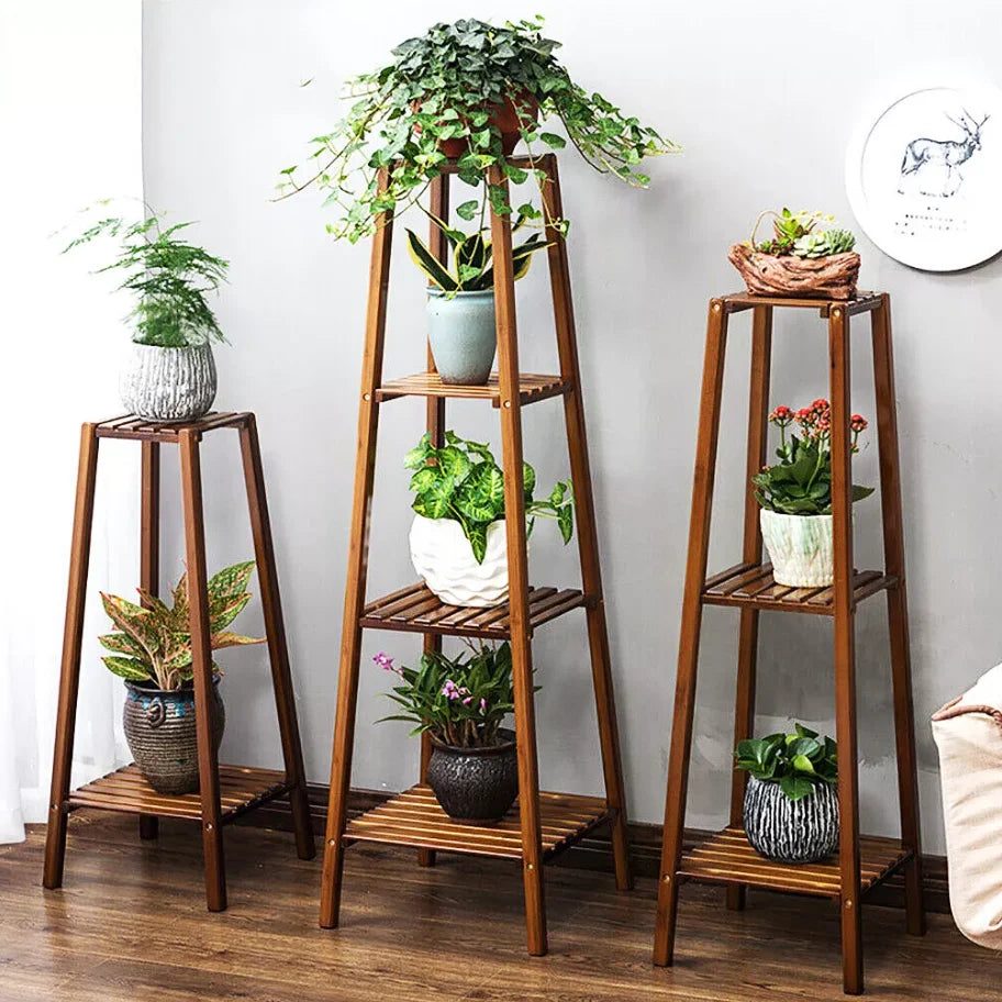 Bamboe Plantenhouder Hoog – Gelaagd Plantenrek Binnen & Buiten – Houten Bloemenrek voor Balkon, Woonkamer & Tuin