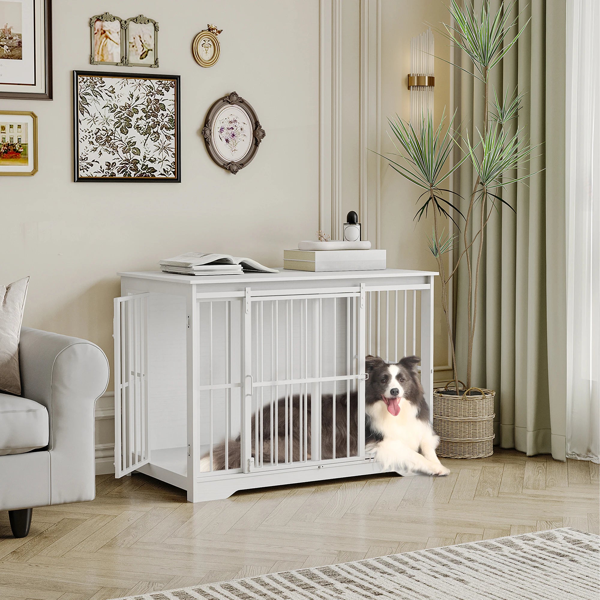 Houten Hondenbench Meubel XL met Schuifdeur – Design Hondenkooi voor Grote Honden – Industrieel Bijzettafel & Bench in Één
