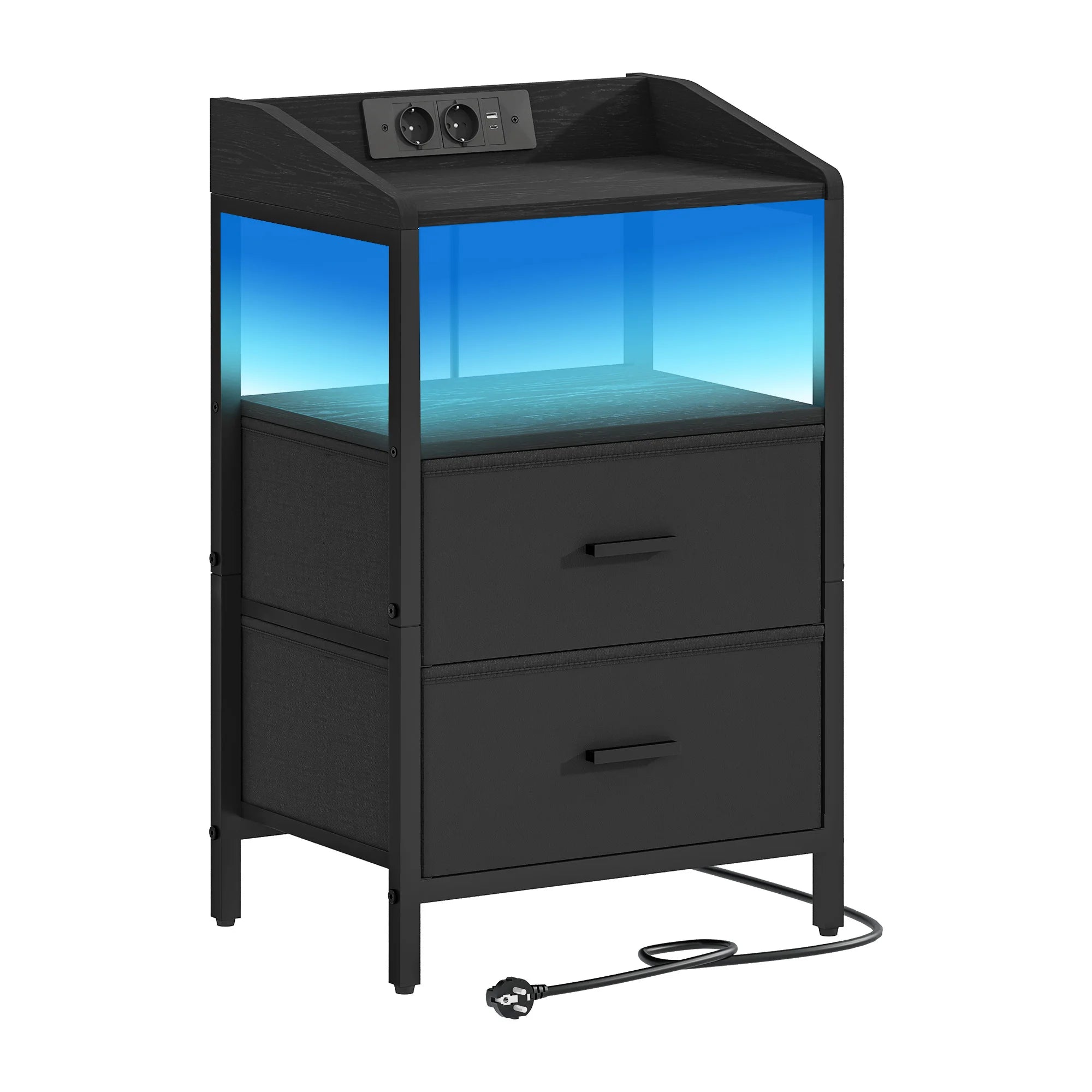 LED Nachtkastje met Oplaadstation en USB-C – Modern Bijzettafel met 2 Lades en Planken – Zwart/Wit