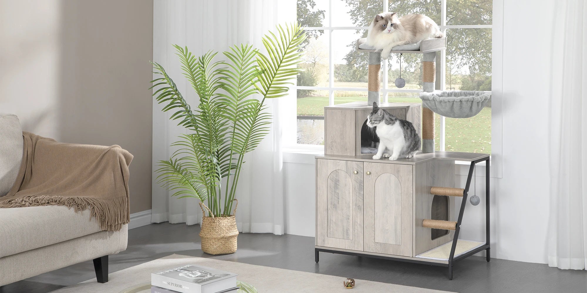 Kattenmeubel met Kattenbak Kast – 4-in-1 Kattenboom met Krabpaal, Platform en Kattenhuis – Modern Design met Sisal Krabmat