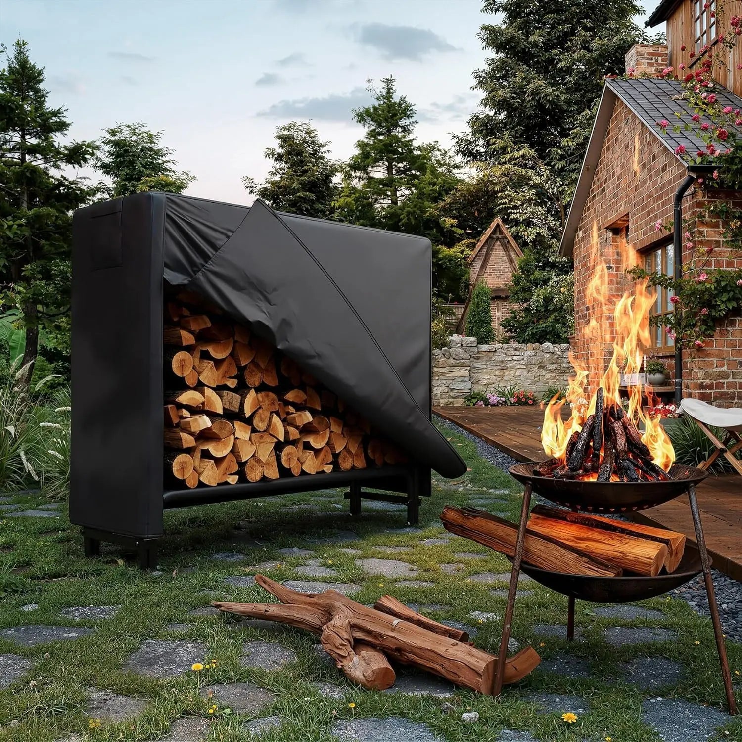 Houtopslagrek 4FT–8FT met Waterdichte Hoes – Metaal Houtrek voor Buiten & Tuin