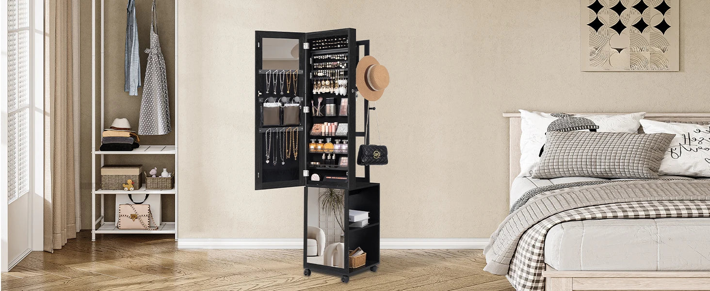 Sieradenkast met Spiegel en LED Verlichting – Staande Sieraden Organizer met Kledingrek, Opbergrek en Wielen