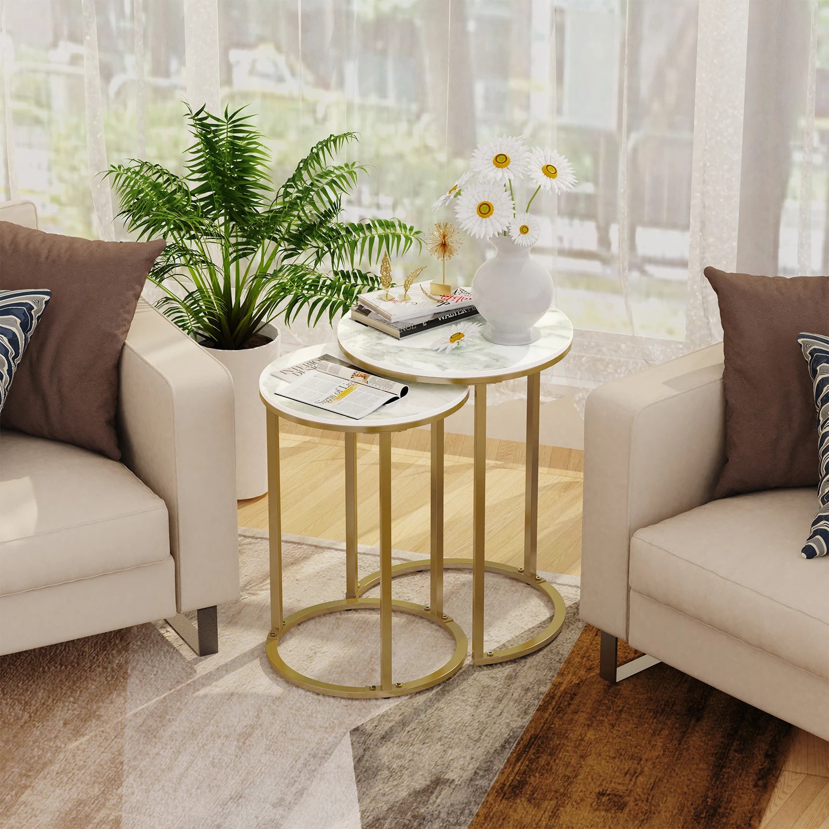 Set van 2 Ronde Bijzettafels – Gesinterd Steen & Gouden Metaal – Moderne Nesting Tafels Wit