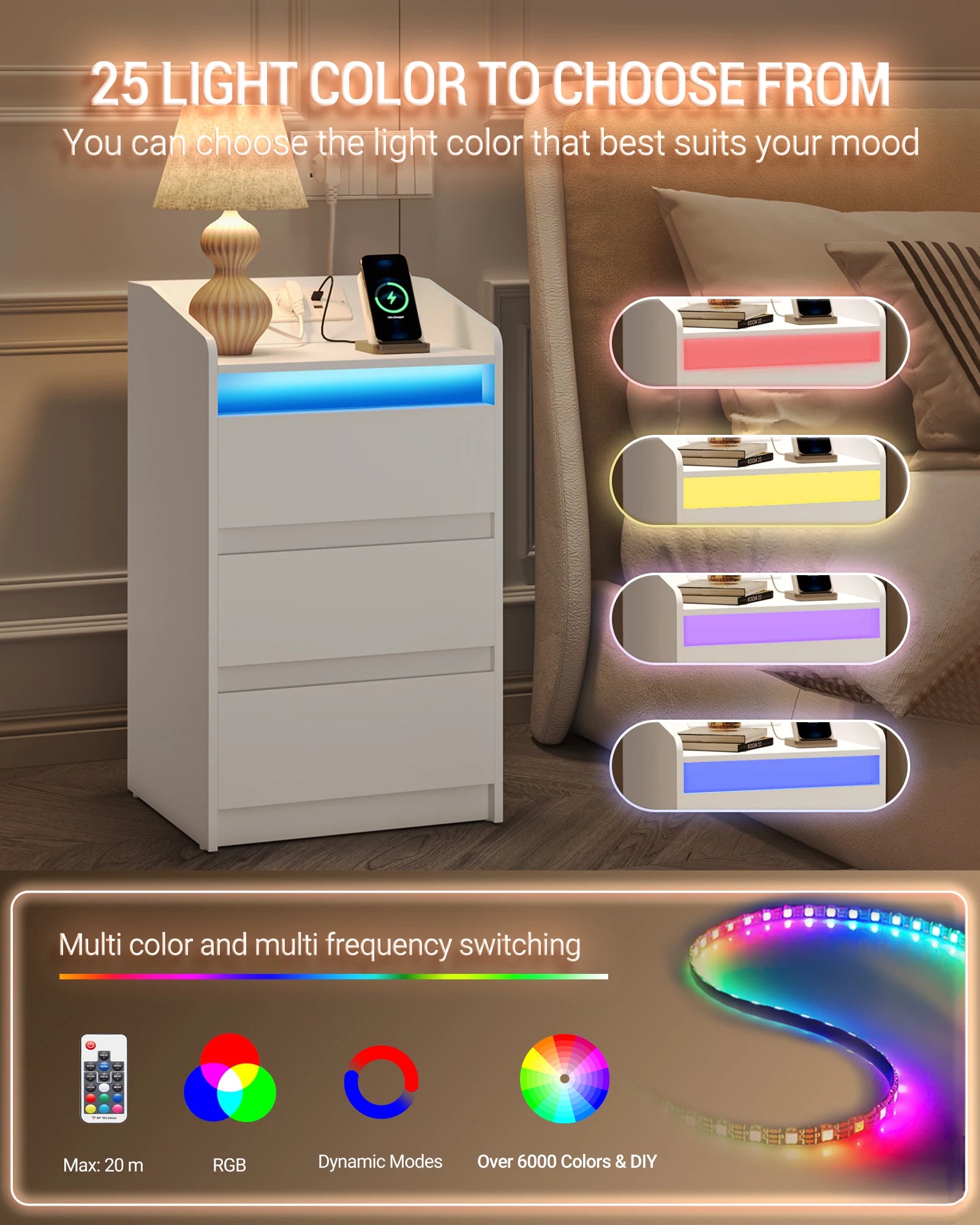 Nachtkastje met 3 Laden, LED Verlichting & Oplaadstation – Modern Wit Bijzettafel met USB en Stopcontact