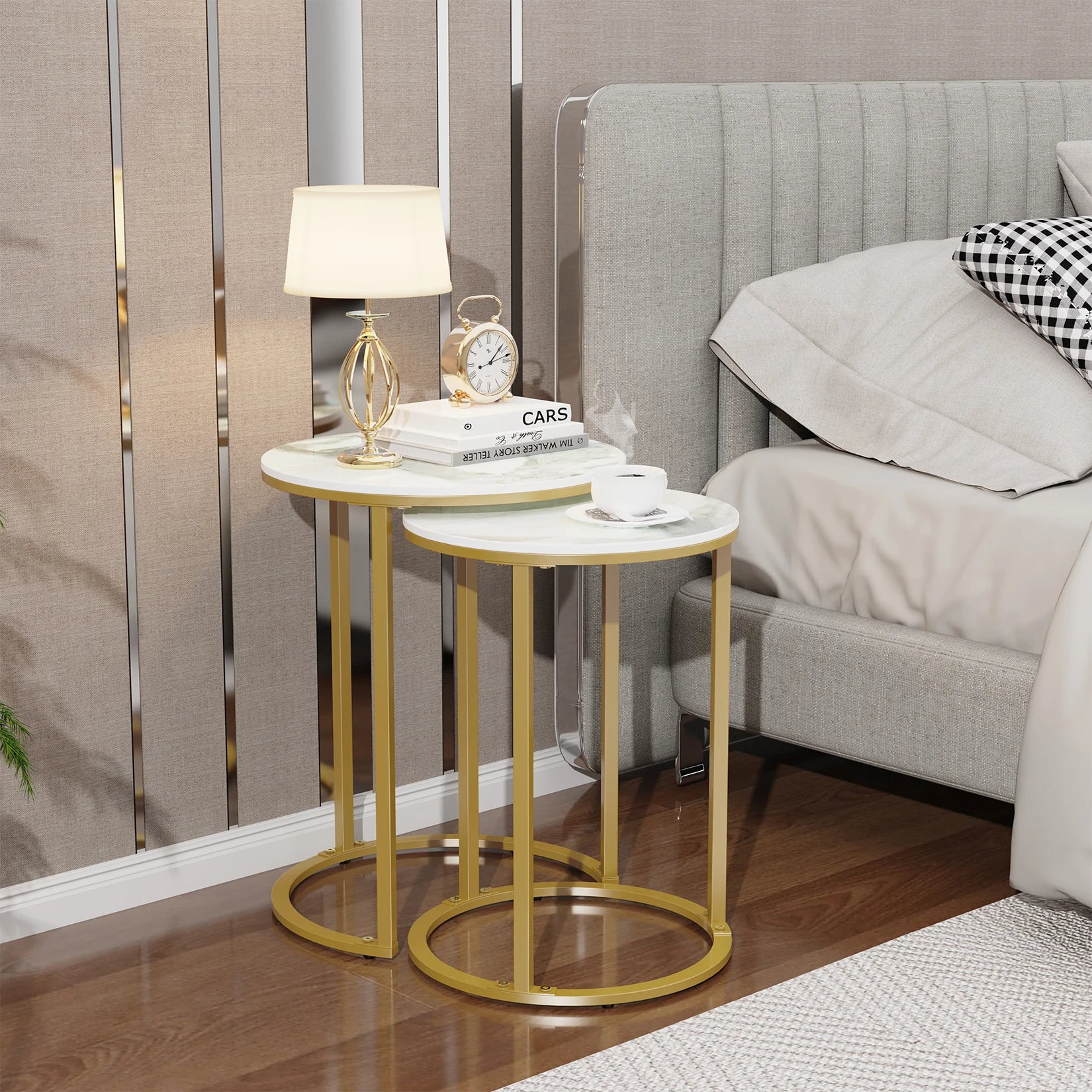 Set van 2 Ronde Bijzettafels – Gesinterd Steen & Gouden Metaal – Moderne Nesting Tafels Wit