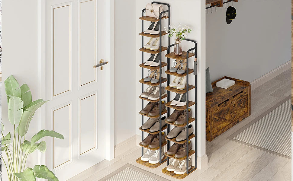 Smalle Schoenenrek 10 Lagen – Verticale Schoenenkast van Hout & Metaal – Ruimtebesparend Schoenenrek voor Hal, Slaapkamer en Kleine Ruimtes