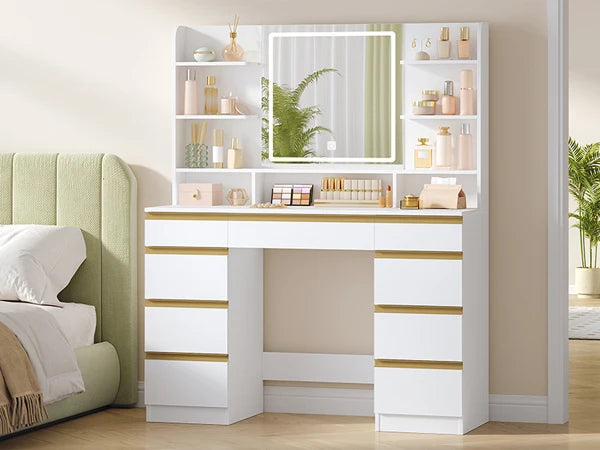 Kaptafel met LED Verlichting en Spiegel – 9 Laden & 9 Opbergvakken – Moderne Make-up Tafel met Verstelbare Verlichting – Wit Goud