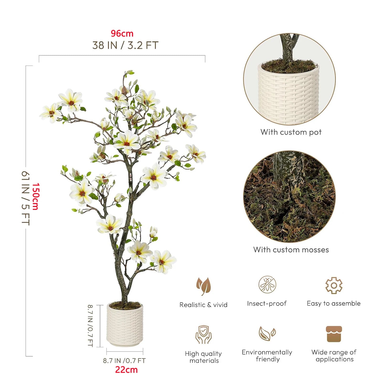 Kunstmatige Magnolia Plant 120–180 cm – Grote Nep Magnolia Boom voor Binnen & Buiten – Realistische Bloemen – Onderhoudsvrij – Luxe Woondecoratie