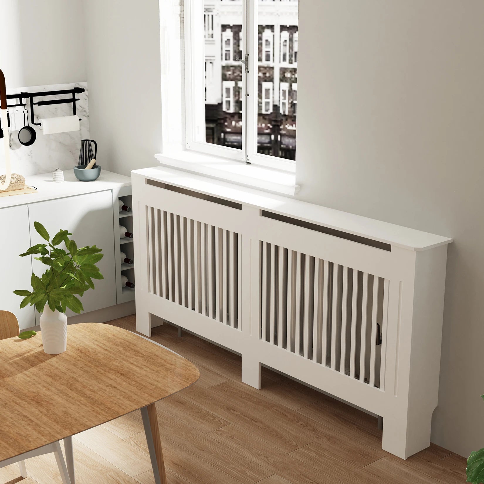 Moderne Radiator Cover Hoog – MDF Radiator Ombouw met Verticale Lamellen | Witte Radiator Kast met Plank