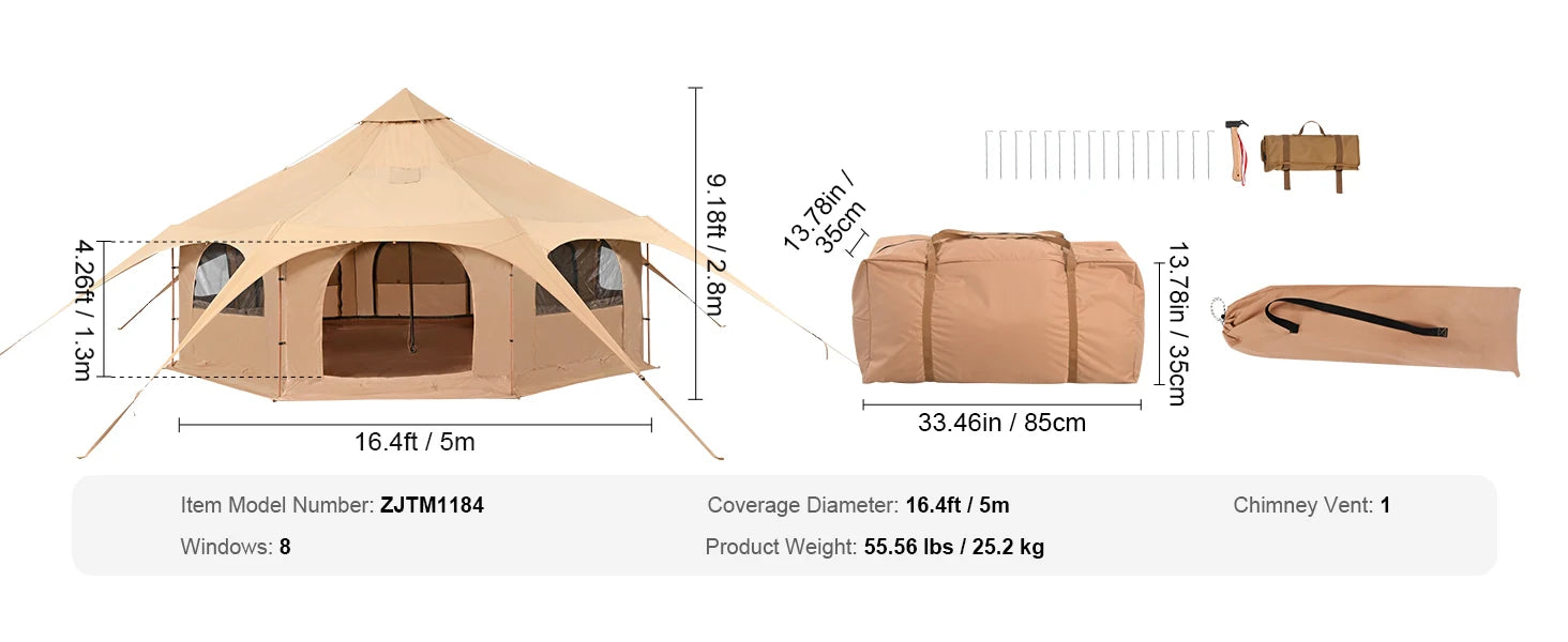 Canvas Bell Tent 5m – 4 Seizoenen Yurt Tent voor 8 Personen met Kachelaansluiting & Waterdicht Grondzeil